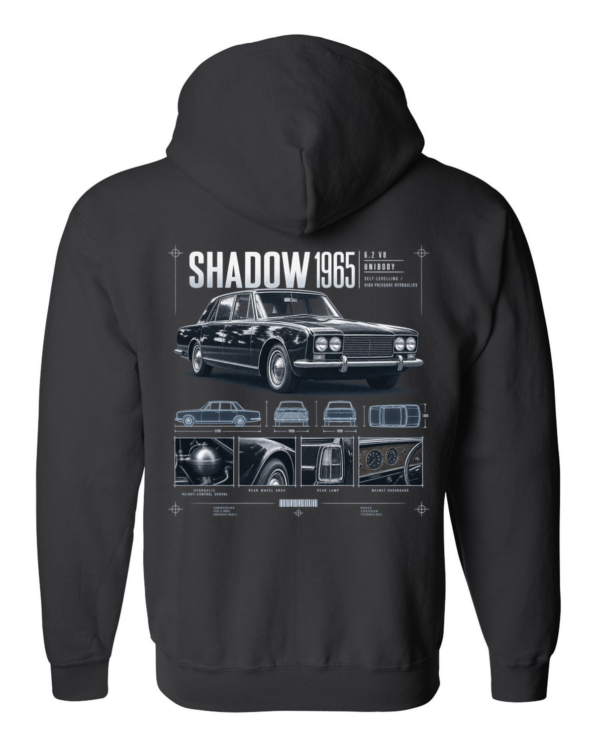 Rolls-Royce Silver Shadow 1965 dossier panels about hydraulics black zip hoodie back view with the design