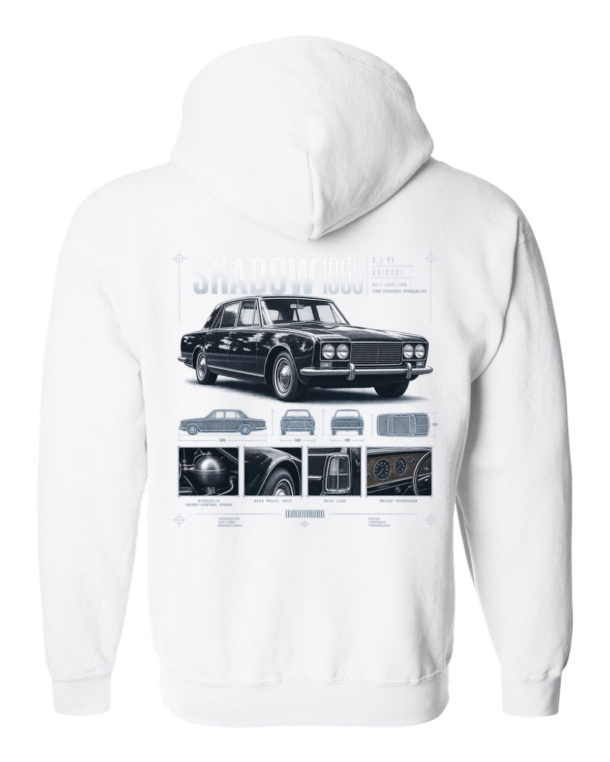 Rolls-Royce Silver Shadow 1965 dossier panels about hydraulics white zip hoodie back view with the design