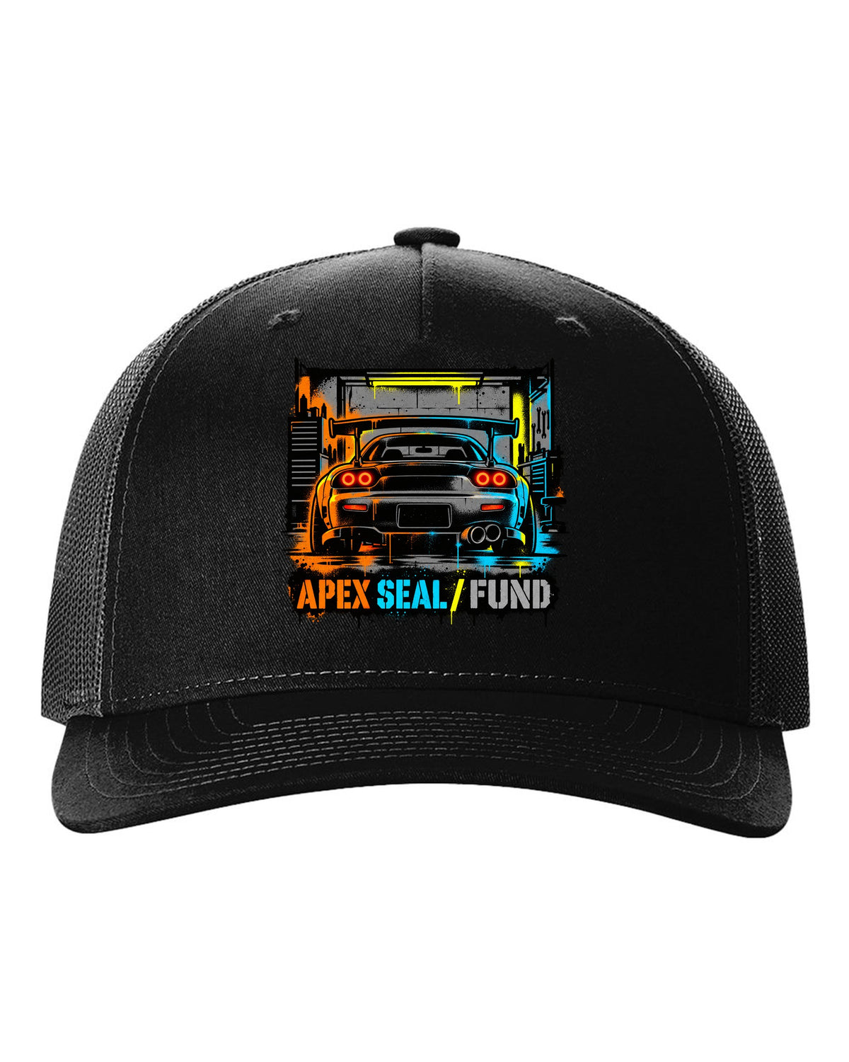 Stencil spray street art print of a Mazda RX-7 FD3S with the text Apex Seal Fund black hat front view with the design