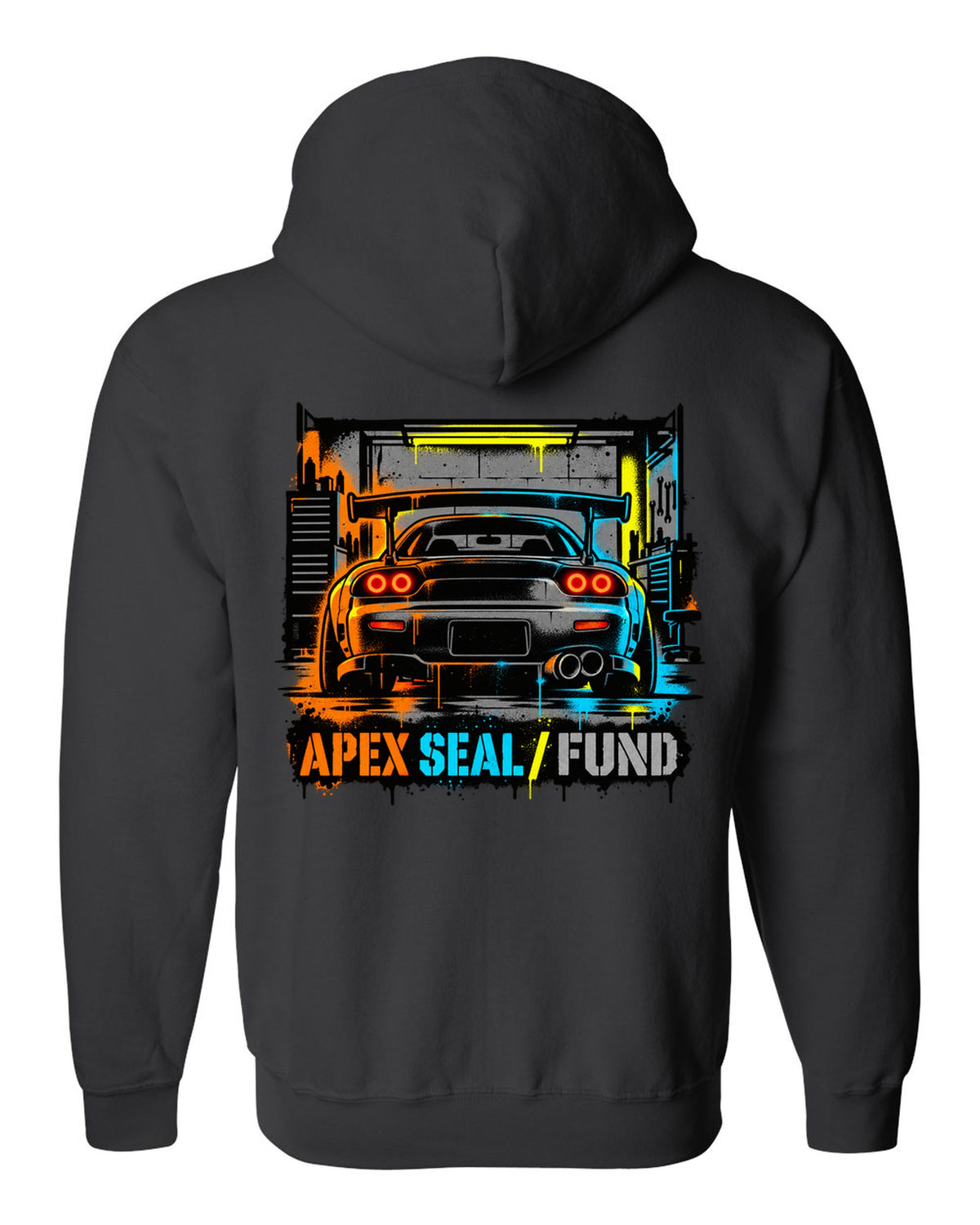 Stencil spray street art print of a Mazda RX-7 FD3S with the text Apex Seal Fund black zip hoodie back view with the design