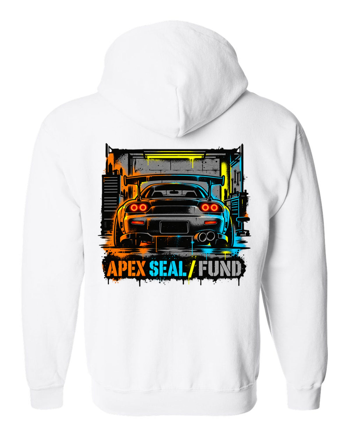 Stencil spray street art print of a Mazda RX-7 FD3S with the text Apex Seal Fund white zip hoodie back view with the design