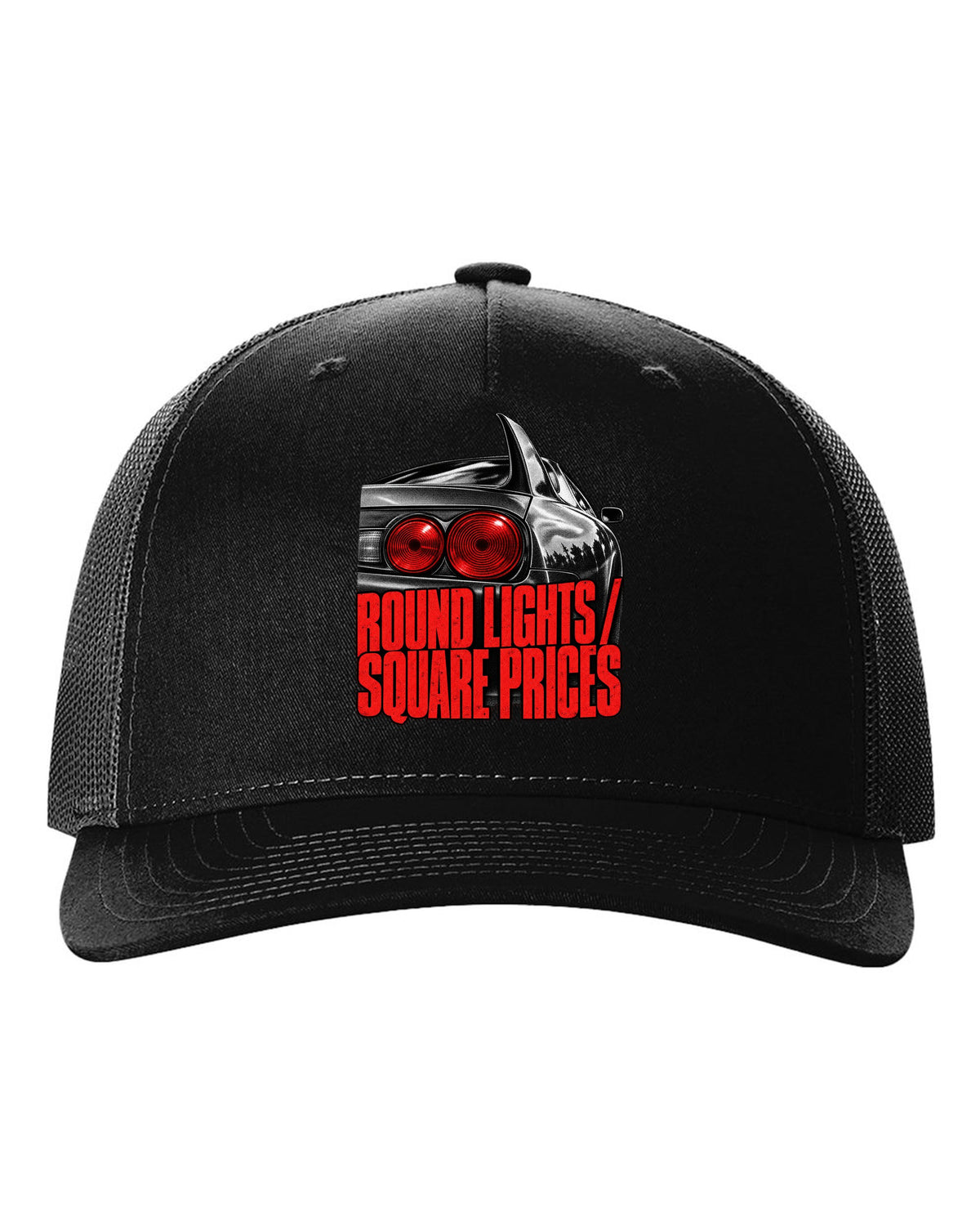 print of a Toyota Supra A80 JZA80 round taillight close-up with the text Round Lights Square Prices black hat front view with the design