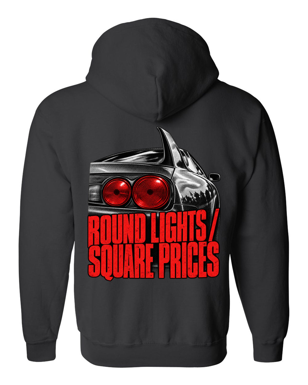 print of a Toyota Supra A80 JZA80 round taillight close-up with the text Round Lights Square Prices black zip hoodie back view with the design