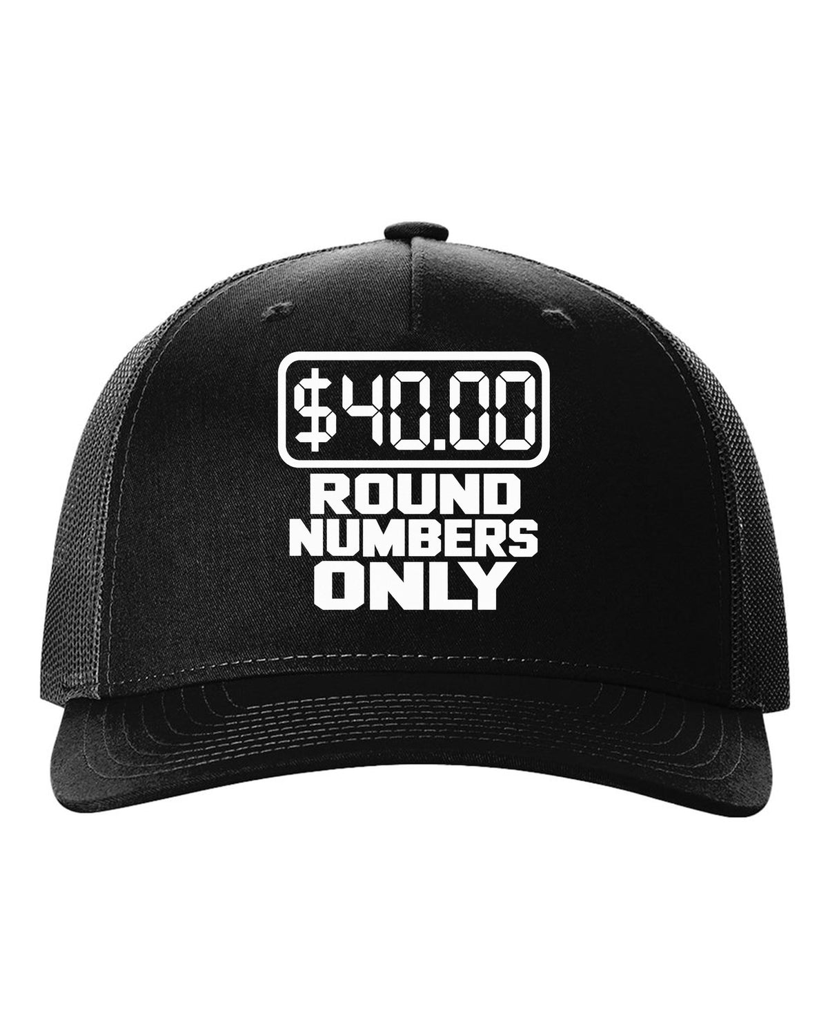 Seven segment gas pump display reading forty dollars black hat front view with the design