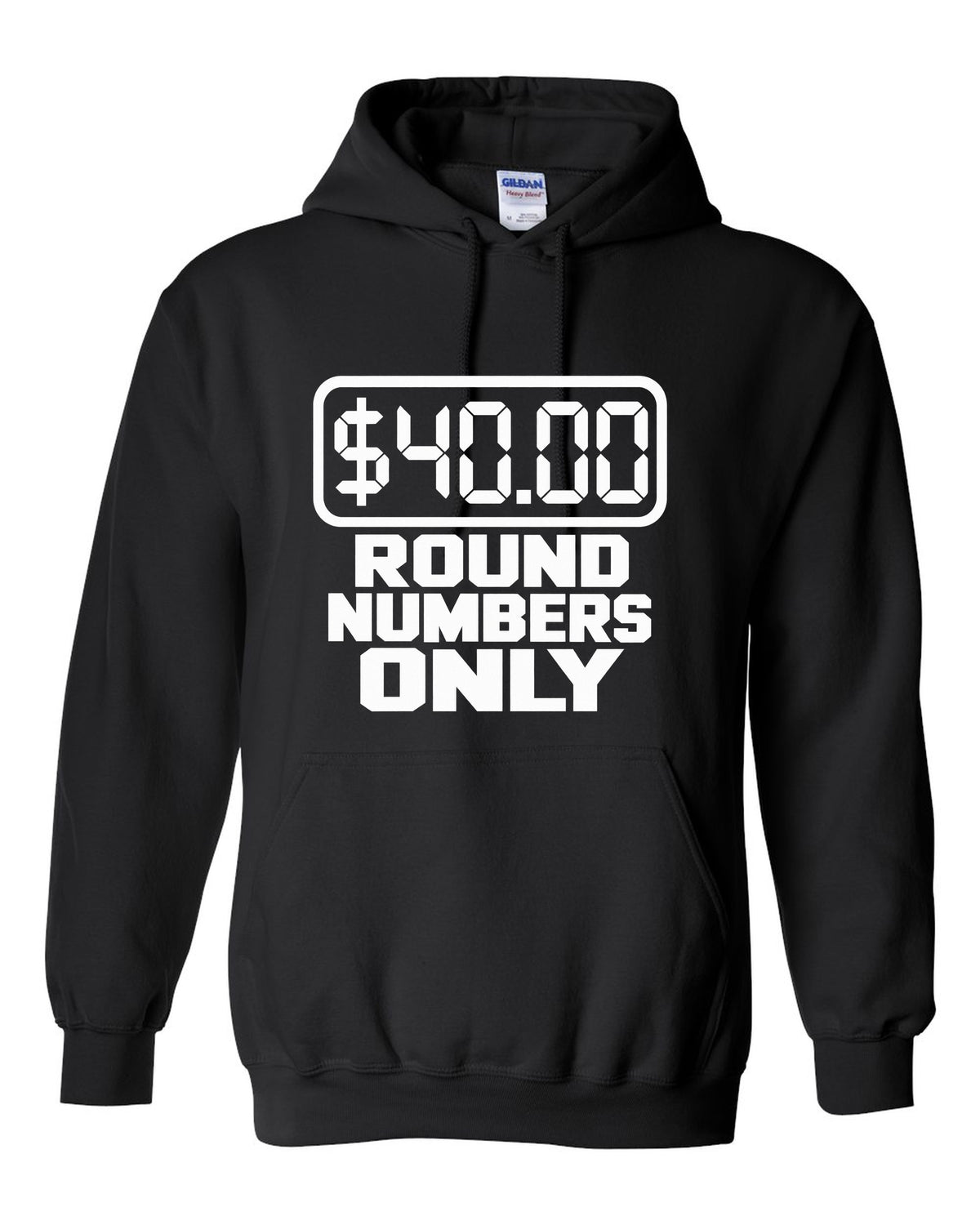 Seven segment gas pump display reading forty dollars black pull over hoodie front view with the design