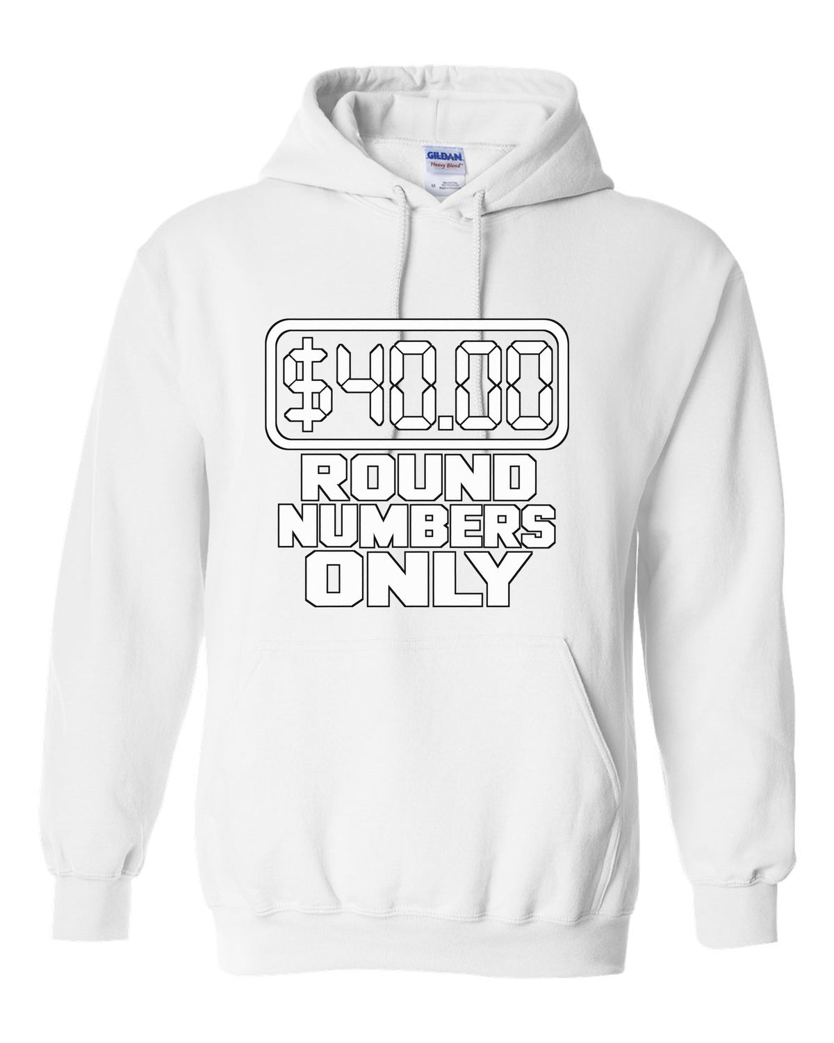 Seven segment gas pump display reading forty dollars white pull over hoodie front view with the design
