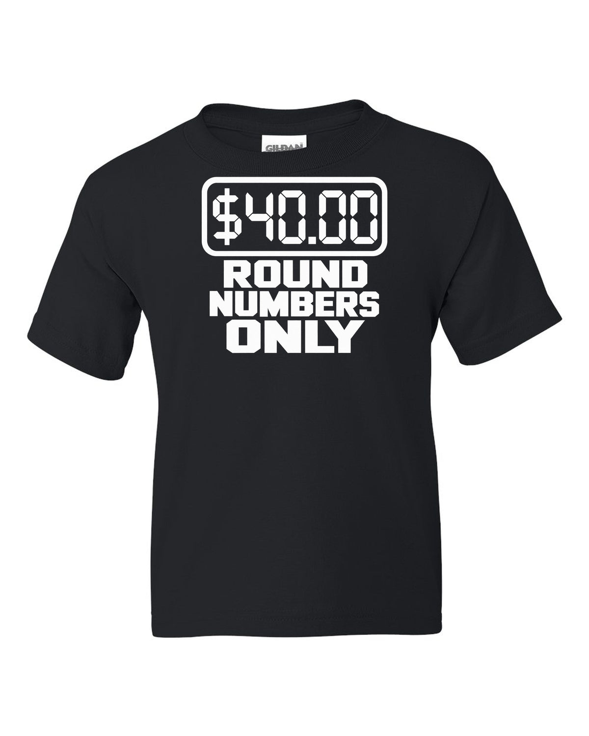 Seven segment gas pump display reading forty dollars black kids tee front view with the design