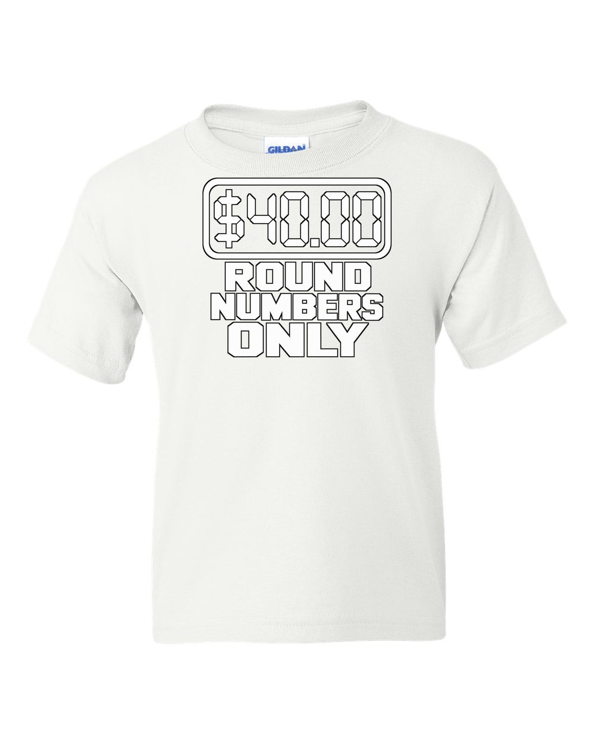 Seven segment gas pump display reading forty dollars white kids tee front view with the design