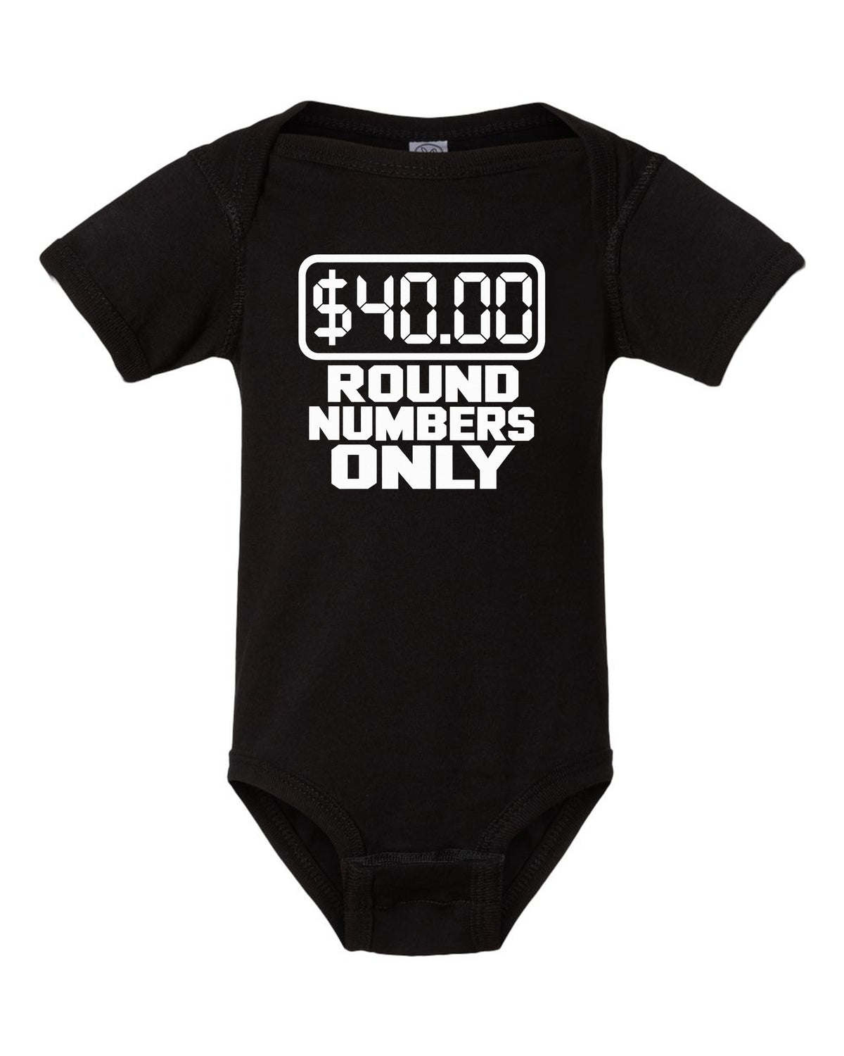 Round Numbers Only Funny Car Guy Shirt for Drivers black baby onesie front view with the design