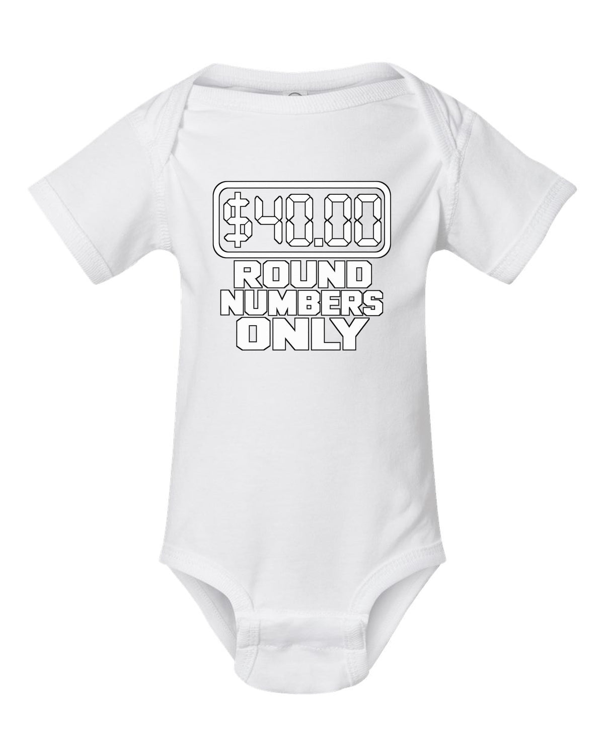 Round Numbers Only Funny Car Guy Shirt for Drivers white baby onesie front view with the design