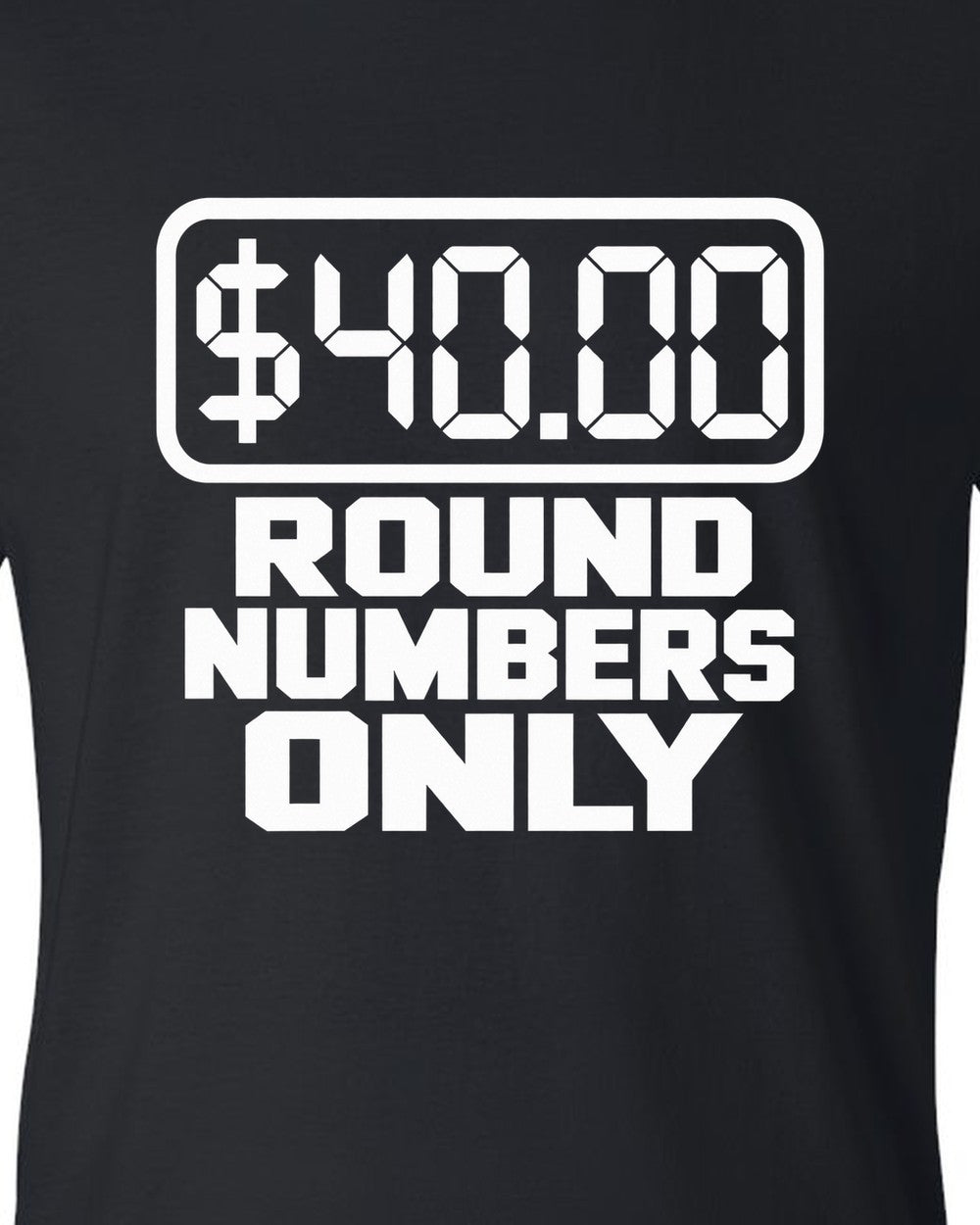 Seven segment gas pump display reading forty dollars black t-shirt close-up