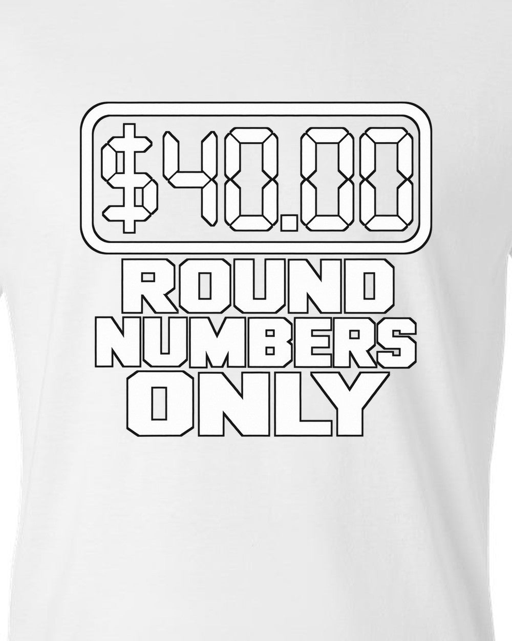Seven segment gas pump display reading forty dollars white t-shirt close-up