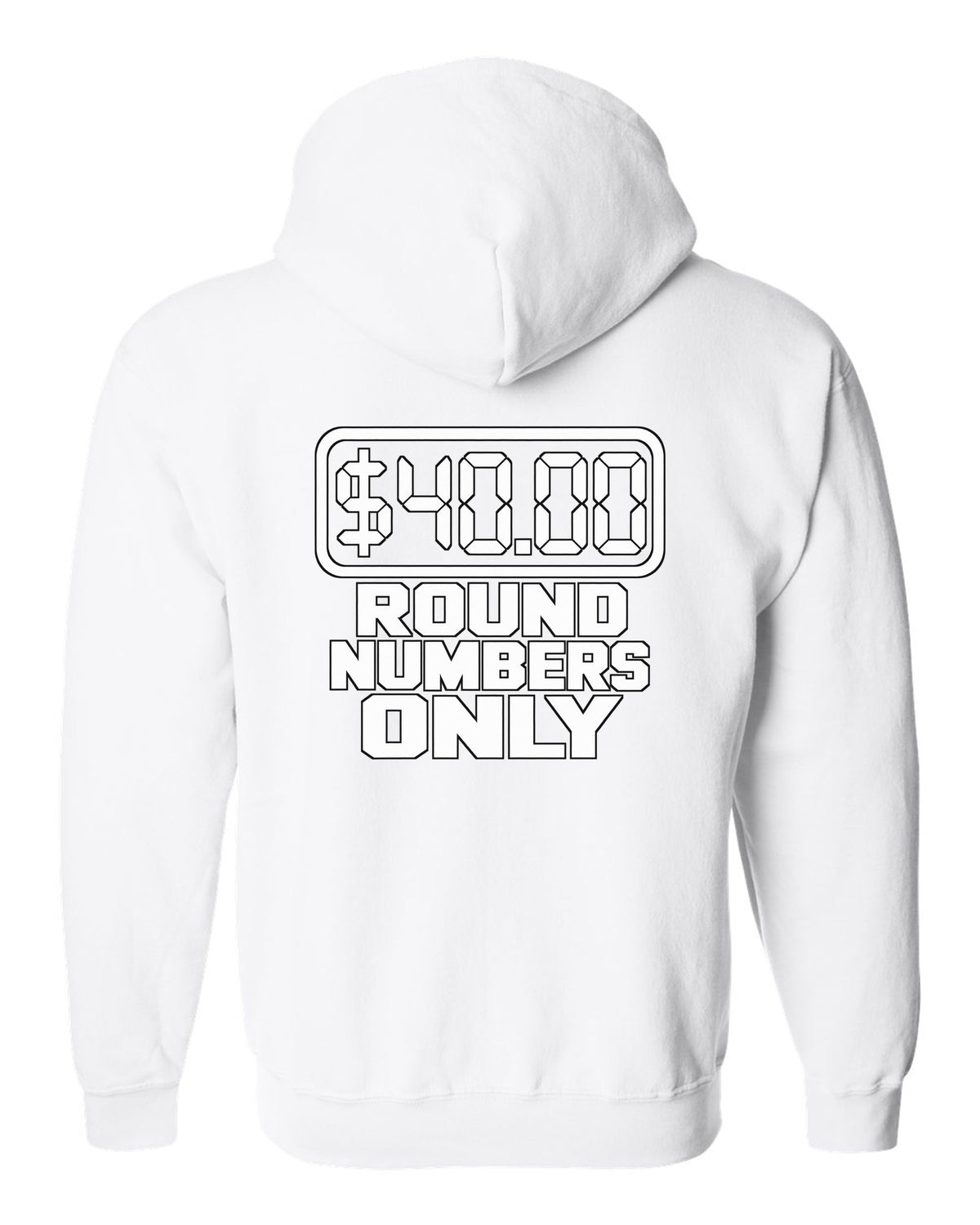 Seven segment gas pump display reading forty dollars white zip hoodie back view with the design