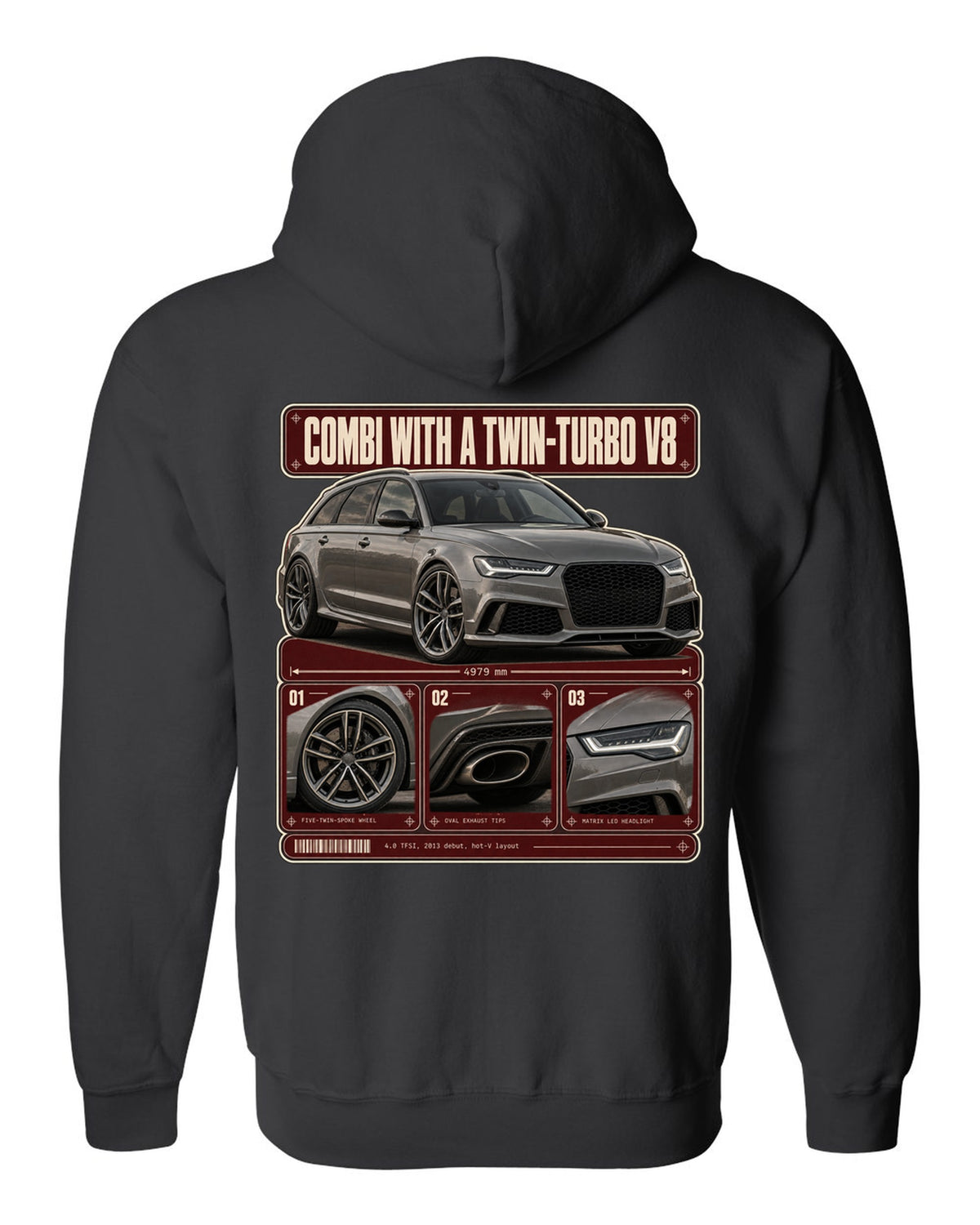Audi RS6 Avant C7 warm grey dossier panels print black zip hoodie back view with the design