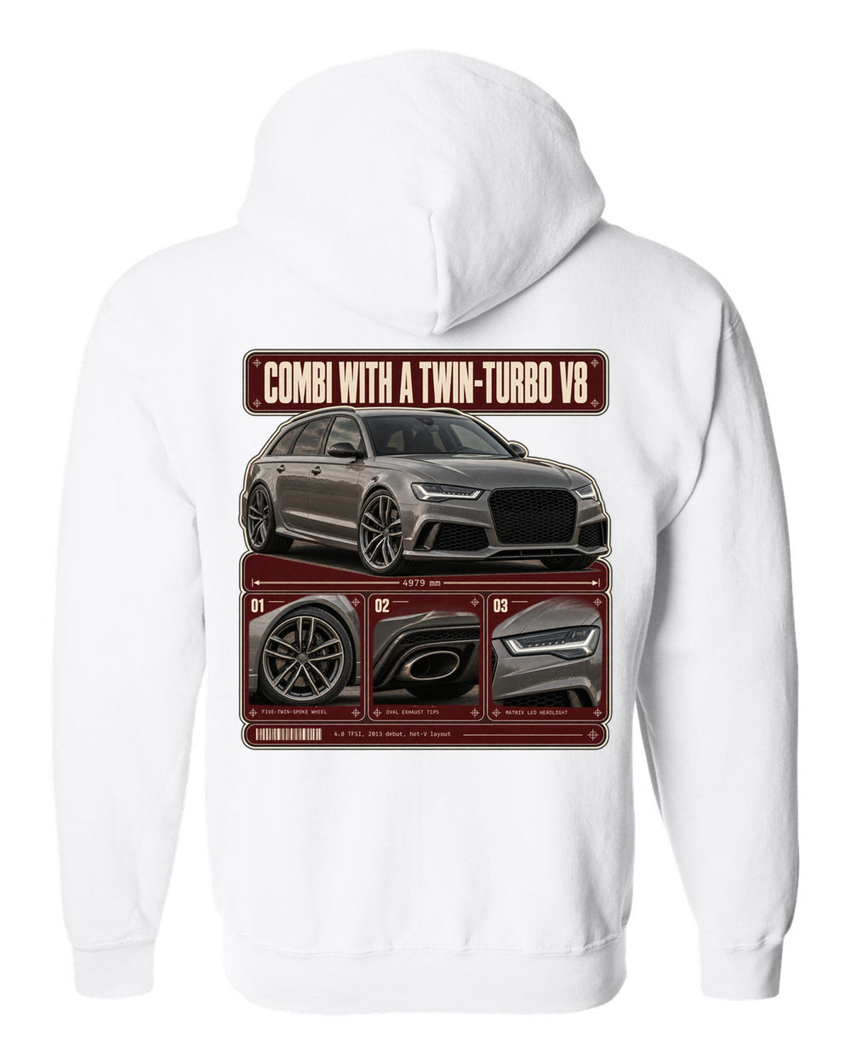 Audi RS6 Avant C7 warm grey dossier panels print white zip hoodie back view with the design