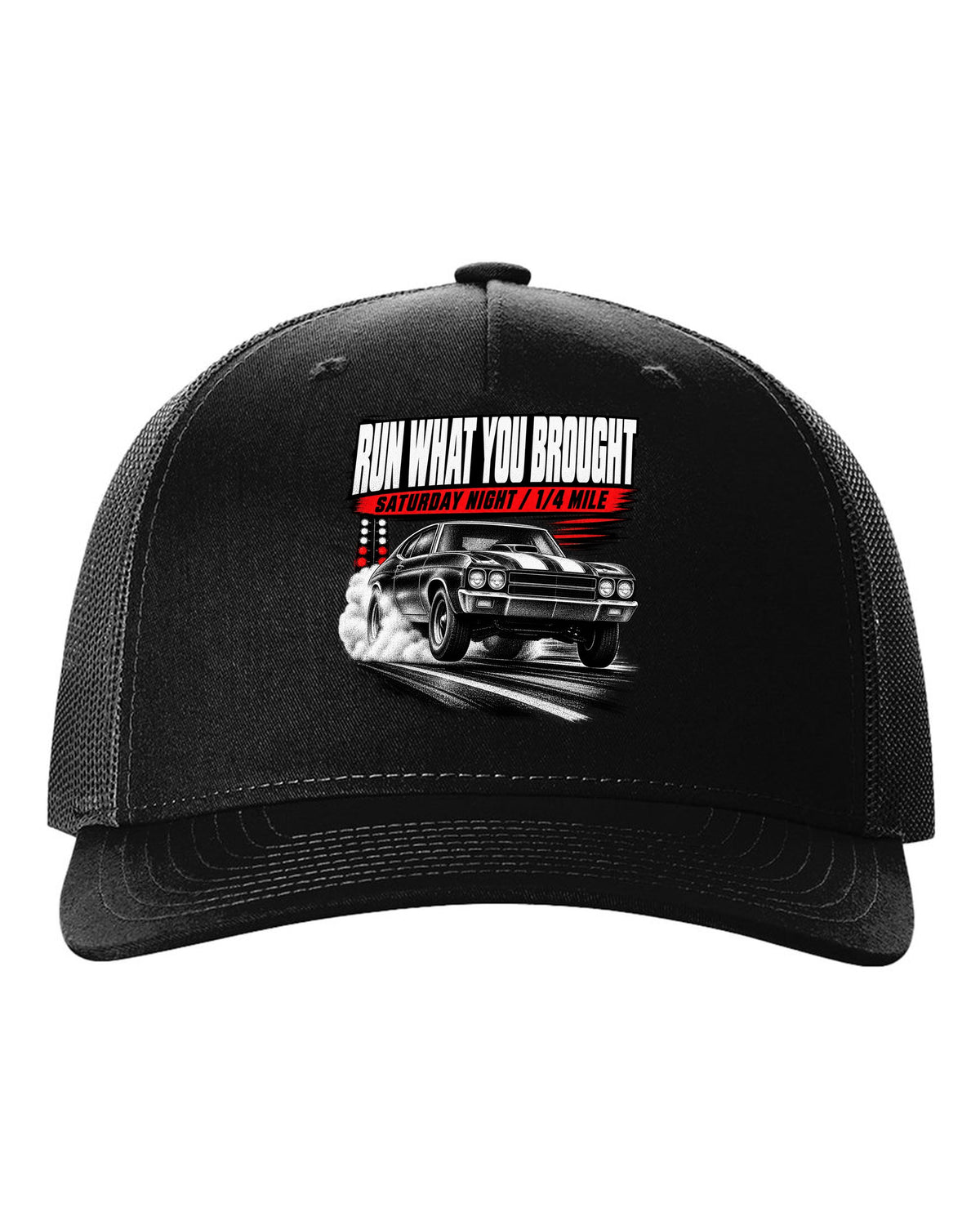 Race-poster print of a 1970 Chevrolet Chevelle SS with run w you brought and quarter mile text black hat front view with the design