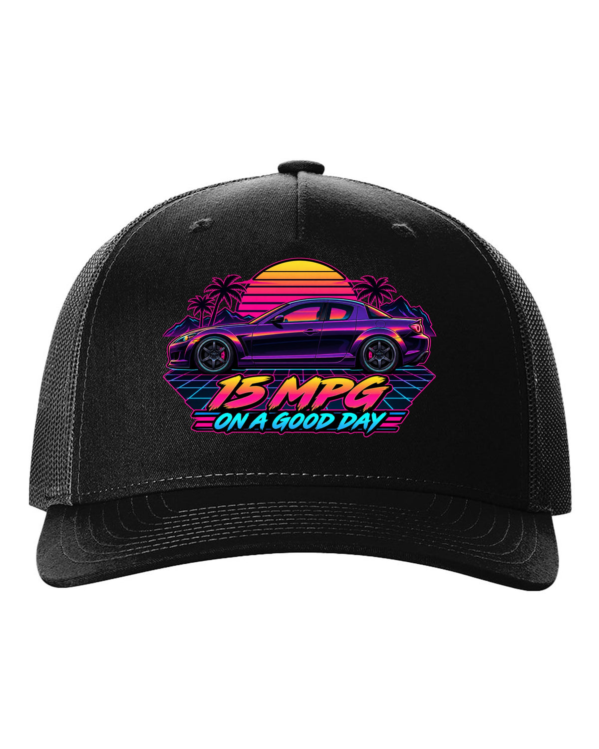 Sticker-bomb collage design for the Mazda RX-8 SE3P with CHECK OIL EVERY FILL-UP lettering black hat front view with the design