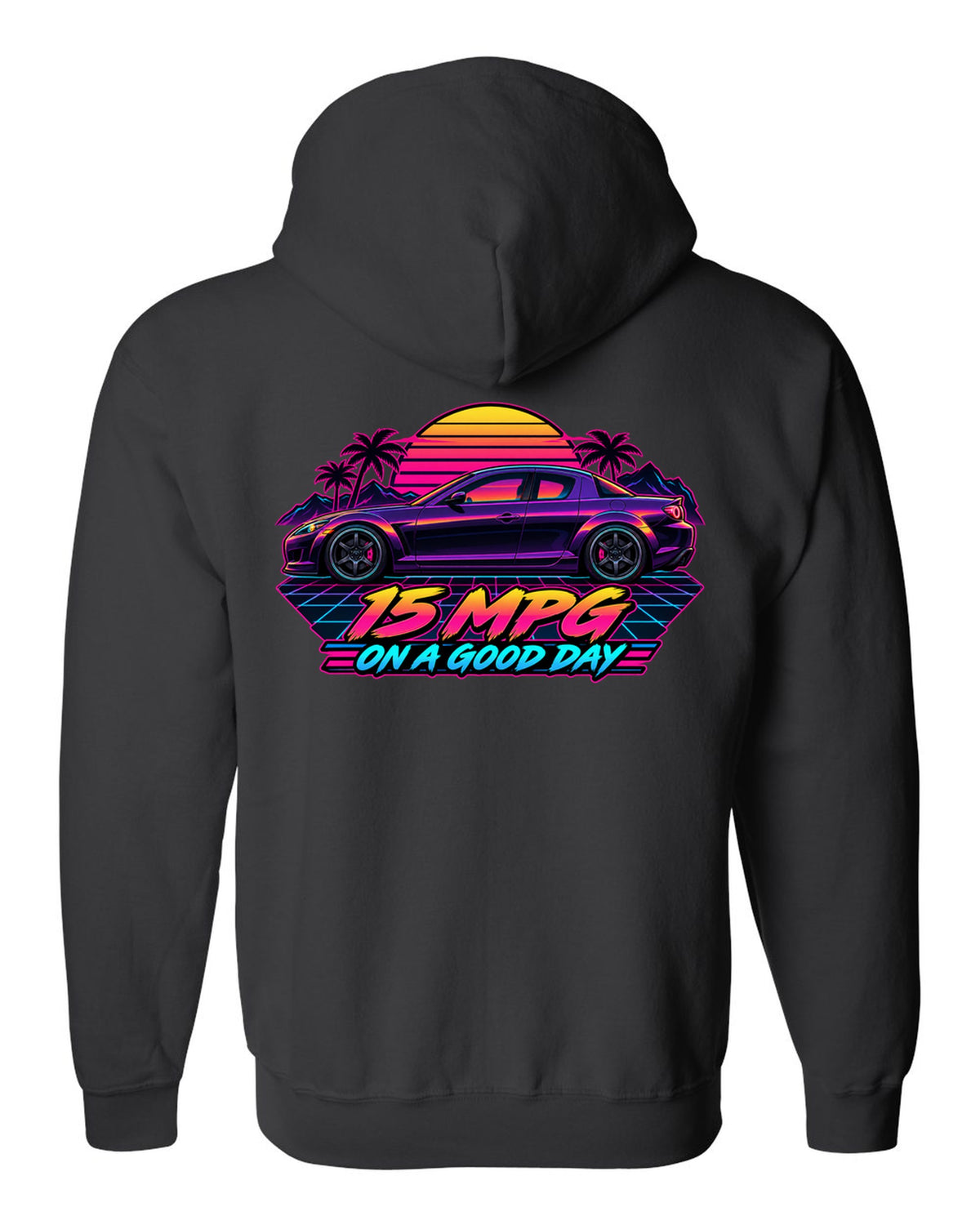 Sticker-bomb collage design for the Mazda RX-8 SE3P with CHECK OIL EVERY FILL-UP lettering black zip hoodie back view with the design