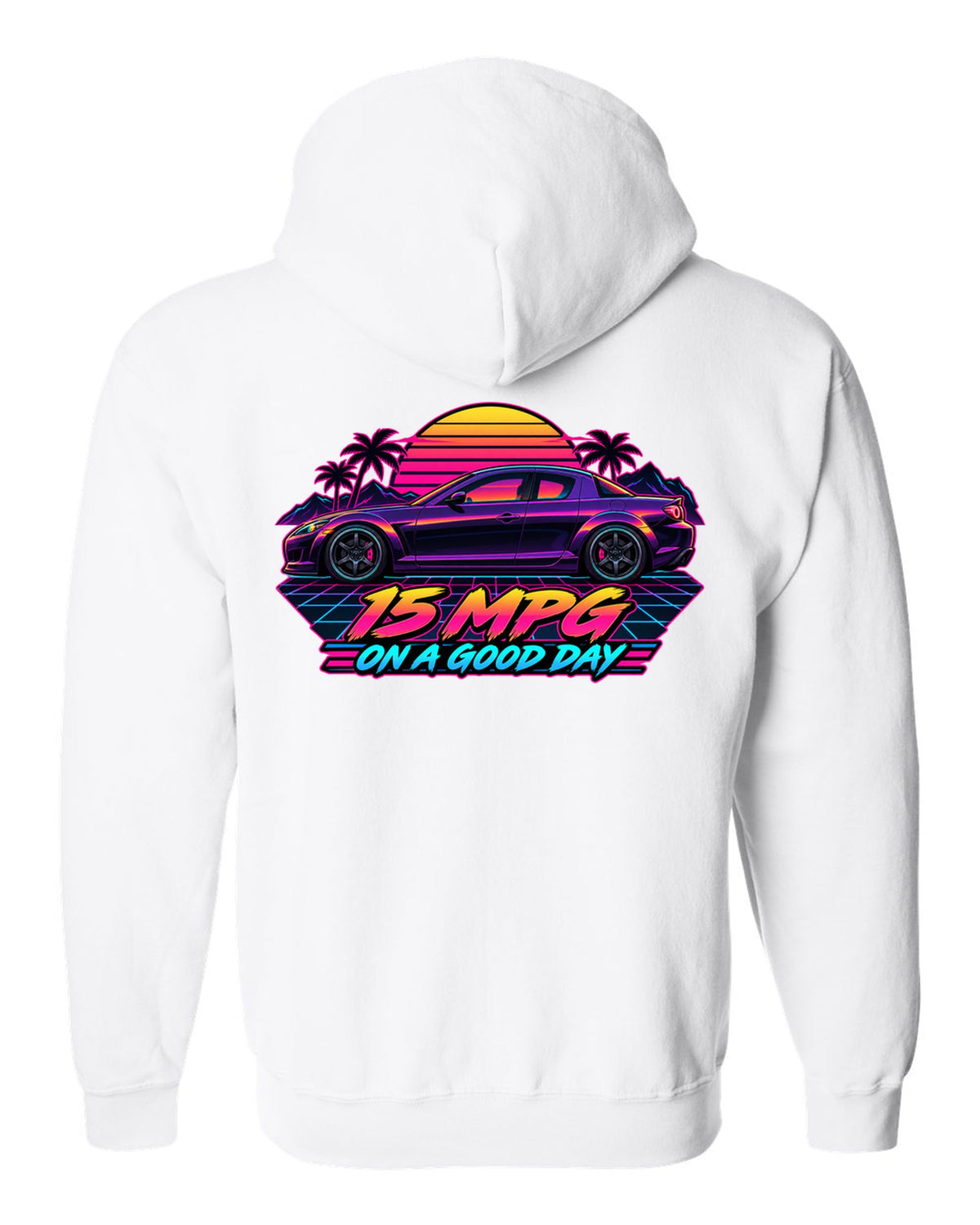 Sticker-bomb collage design for the Mazda RX-8 SE3P with CHECK OIL EVERY FILL-UP lettering white zip hoodie back view with the design
