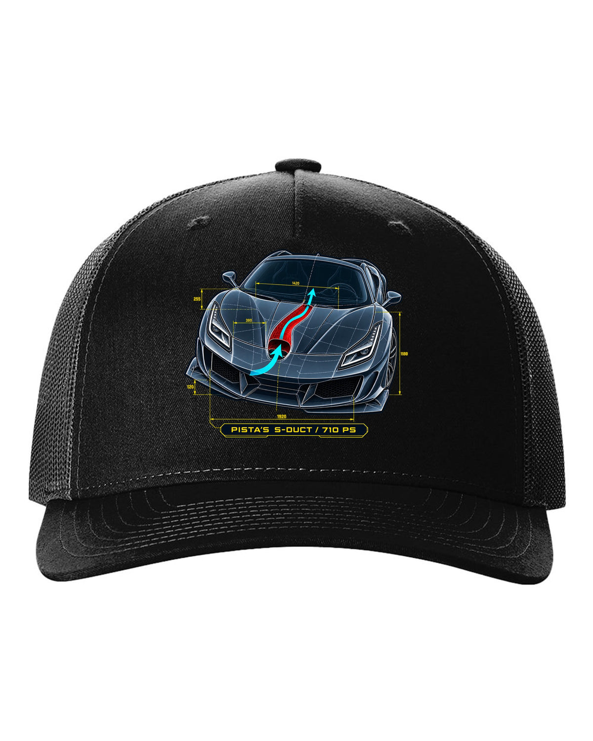 Blueprint line art of the Ferrari F8 Tributo S-duct with Pista reference black hat front view with the design