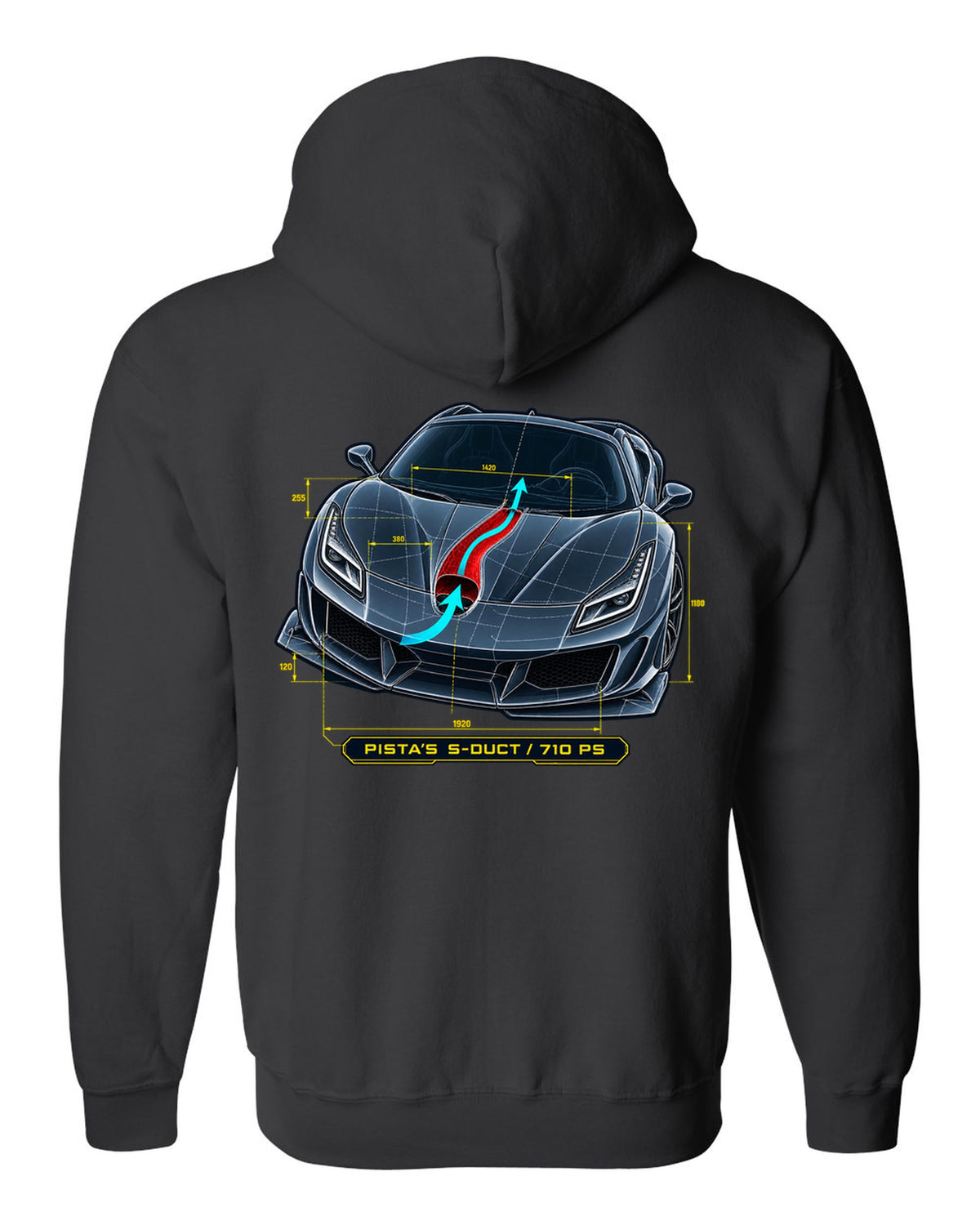 Blueprint line art of the Ferrari F8 Tributo S-duct with Pista reference black zip hoodie back view with the design