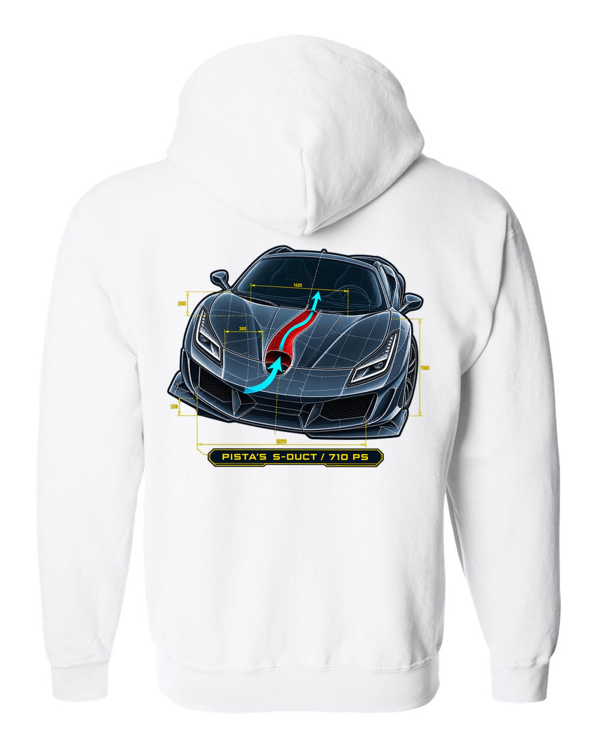 Blueprint line art of the Ferrari F8 Tributo S-duct with Pista reference white zip hoodie back view with the design