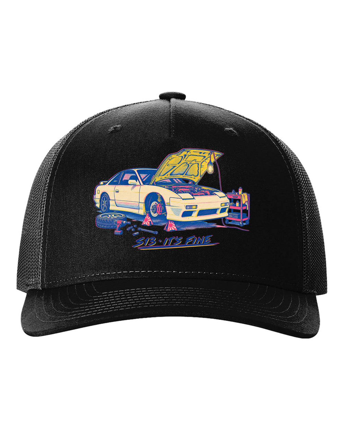 Risograph workshop print of a Nissan S13 with S13 it's fine lettering black hat front view with the design