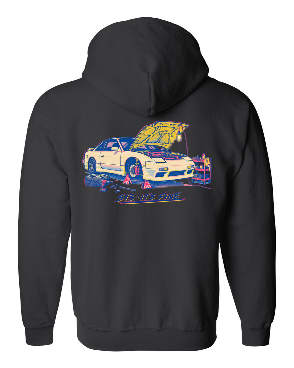 Risograph workshop print of a Nissan S13 with S13 it's fine lettering black zip hoodie back view with the design