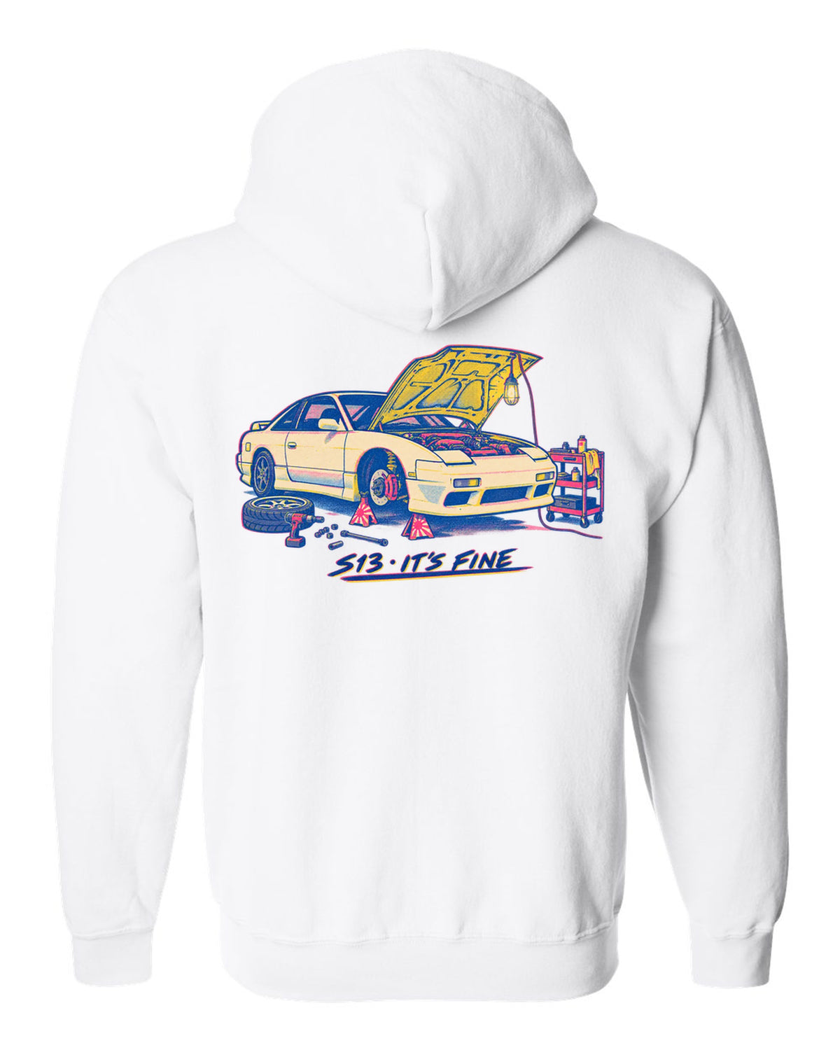 Risograph workshop print of a Nissan S13 with S13 it's fine lettering white zip hoodie back view with the design