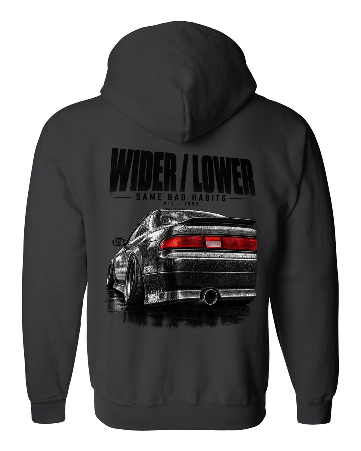 Close-up macro of a Nissan Silvia S14 zenki taillight with wider, lower, same bad habits lettering black zip hoodie back view with the design