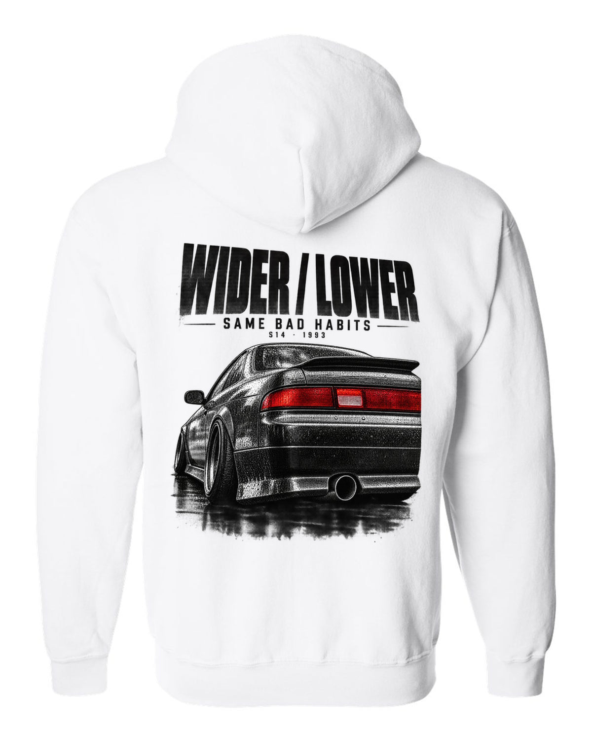 Close-up macro of a Nissan Silvia S14 zenki taillight with wider, lower, same bad habits lettering white zip hoodie back view with the design