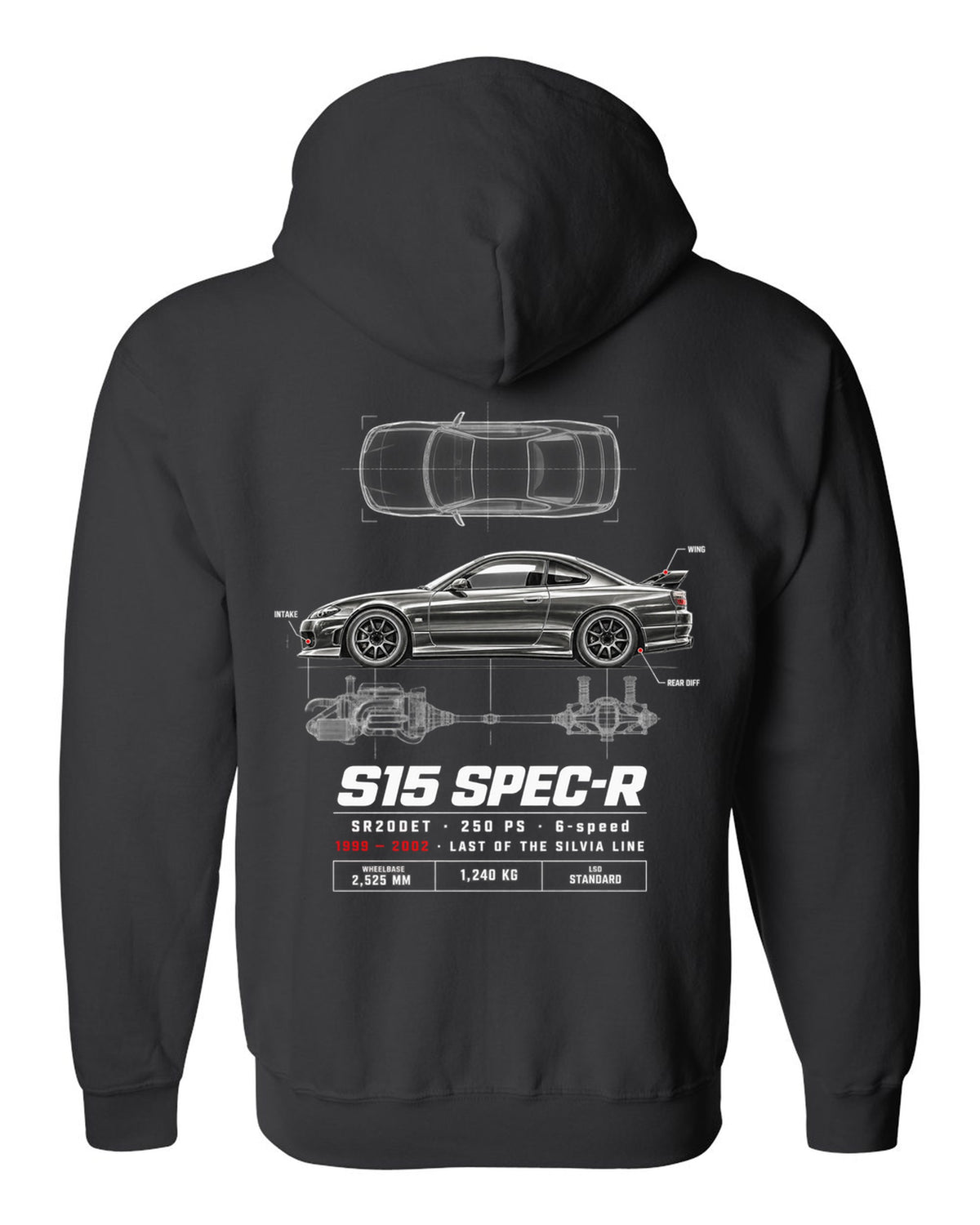 Spec poster print of a Nissan Silvia S15 Spec-R top-down profile with SR20DET data black zip hoodie back view with the design