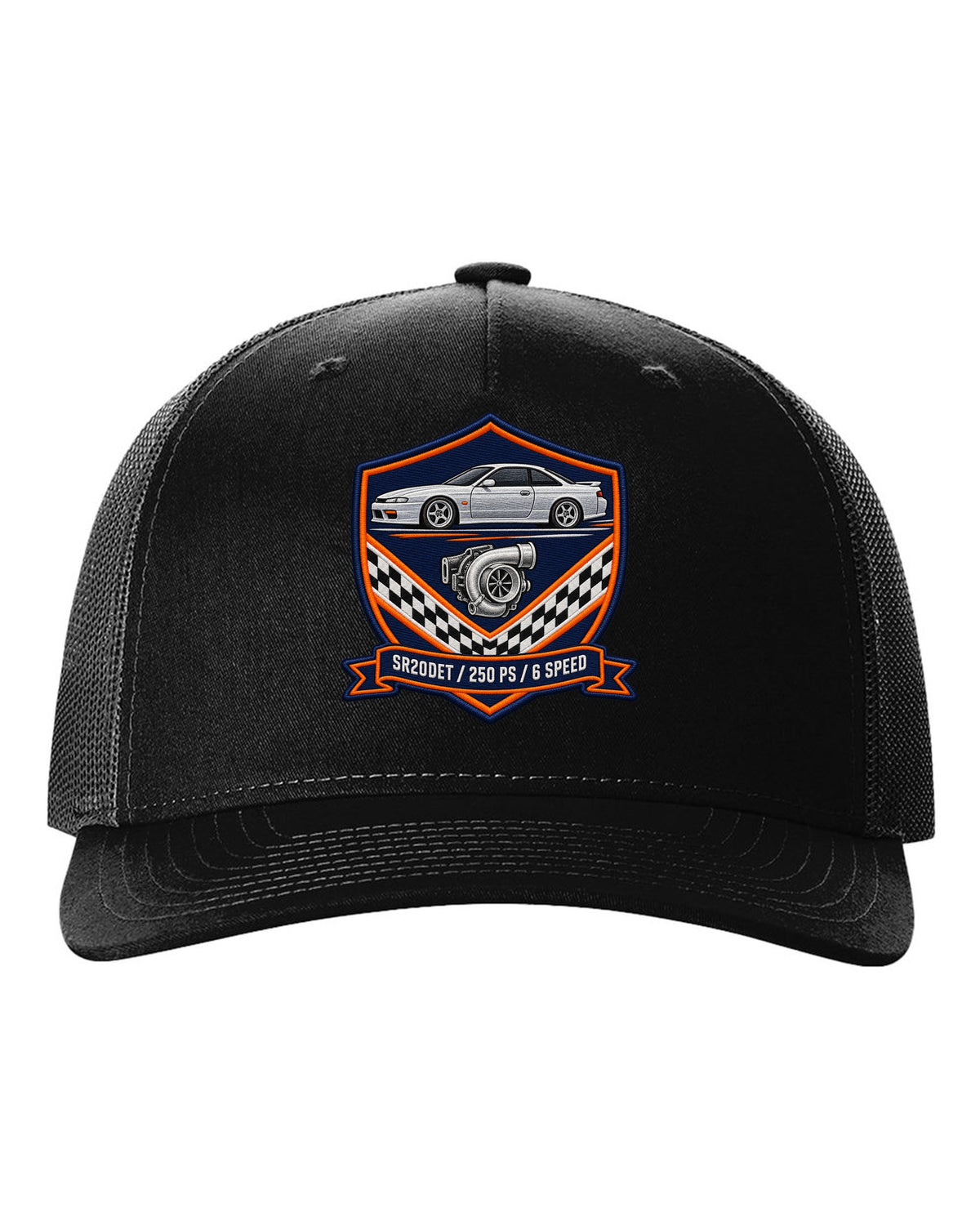 Embroidery-style shield crest print for the Nissan Silvia S15 with SR20DET 250 PS 6 speed lettering black hat front view with the design