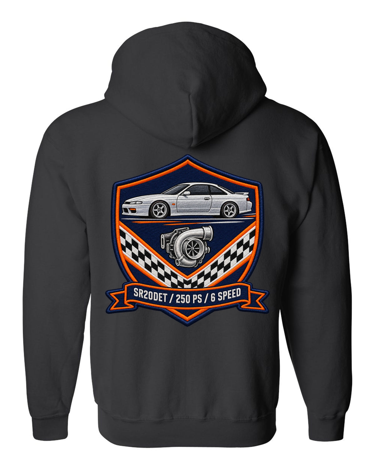 Embroidery-style shield crest print for the Nissan Silvia S15 with SR20DET 250 PS 6 speed lettering black zip hoodie back view with the design
