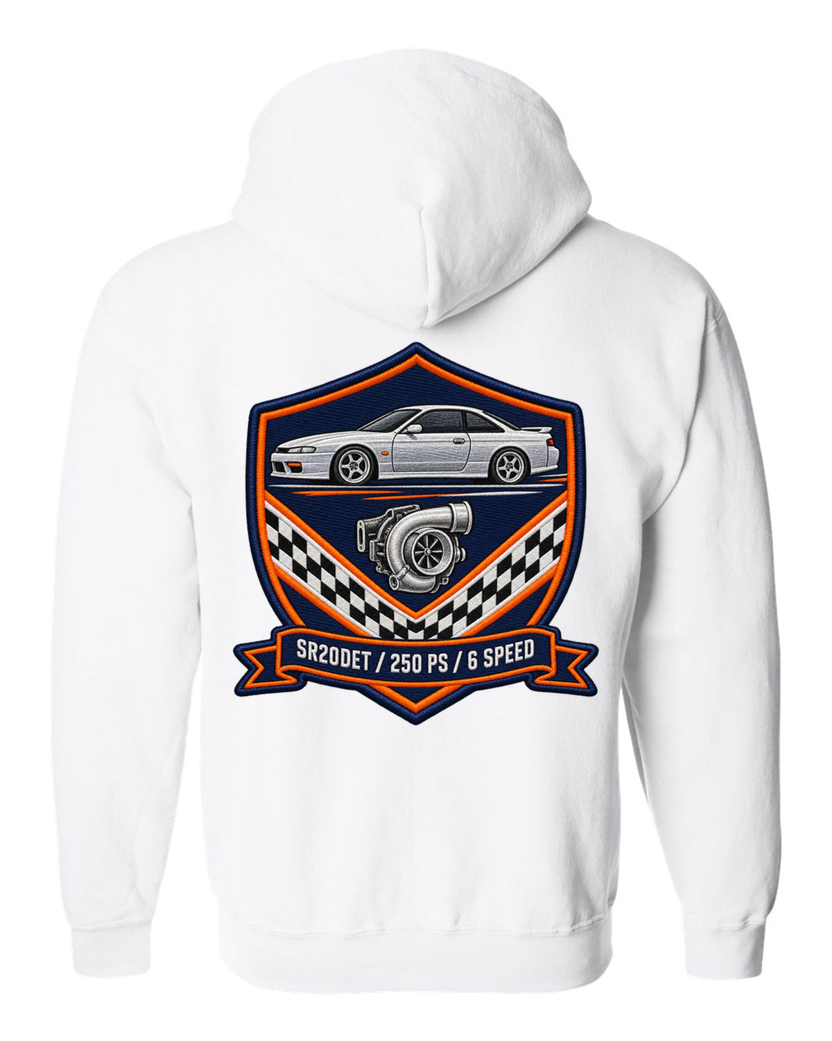 Embroidery-style shield crest print for the Nissan Silvia S15 with SR20DET 250 PS 6 speed lettering white zip hoodie back view with the design