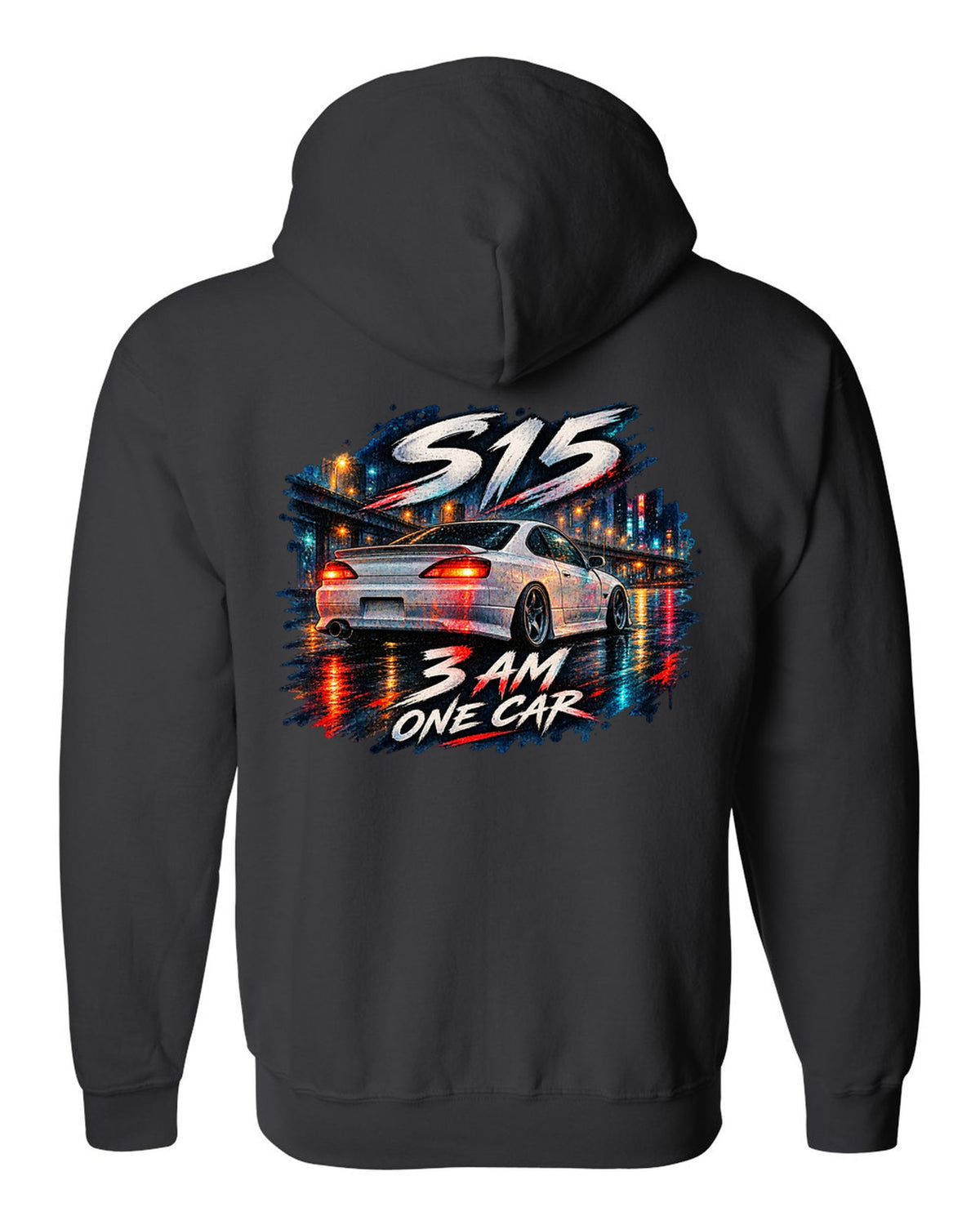 Watercolour wet-road night scene of a Nissan Silvia S15 at 3 AM black zip hoodie back view with the design
