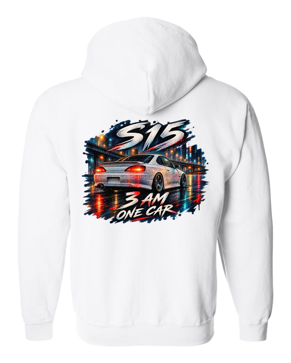 Watercolour wet-road night scene of a Nissan Silvia S15 at 3 AM white zip hoodie back view with the design