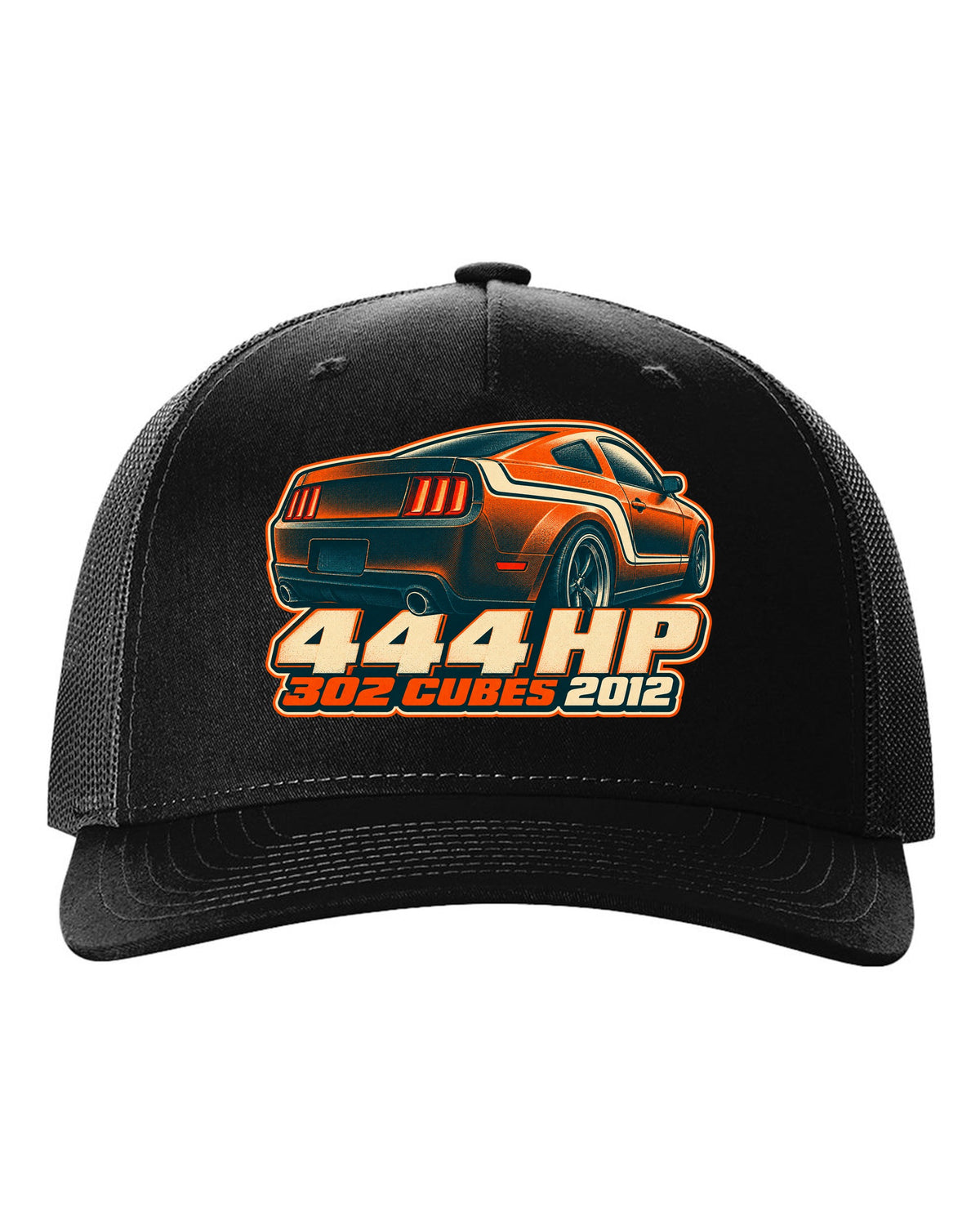 Risograph halftone stripe macro of a 2005-2014 S197 Ford Mustang with 444 HP text black hat front view with the design