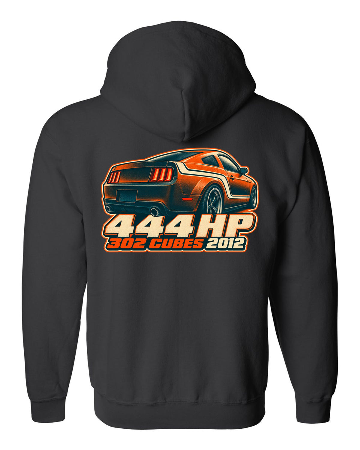 Risograph halftone stripe macro of a 2005-2014 S197 Ford Mustang with 444 HP text black zip hoodie back view with the design