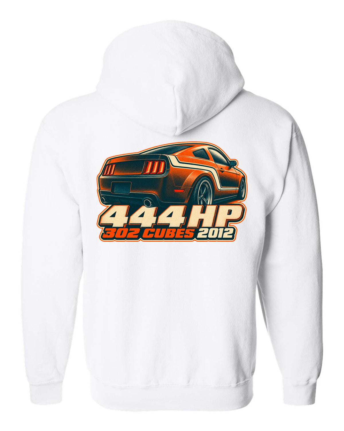 Risograph halftone stripe macro of a 2005-2014 S197 Ford Mustang with 444 HP text white zip hoodie back view with the design