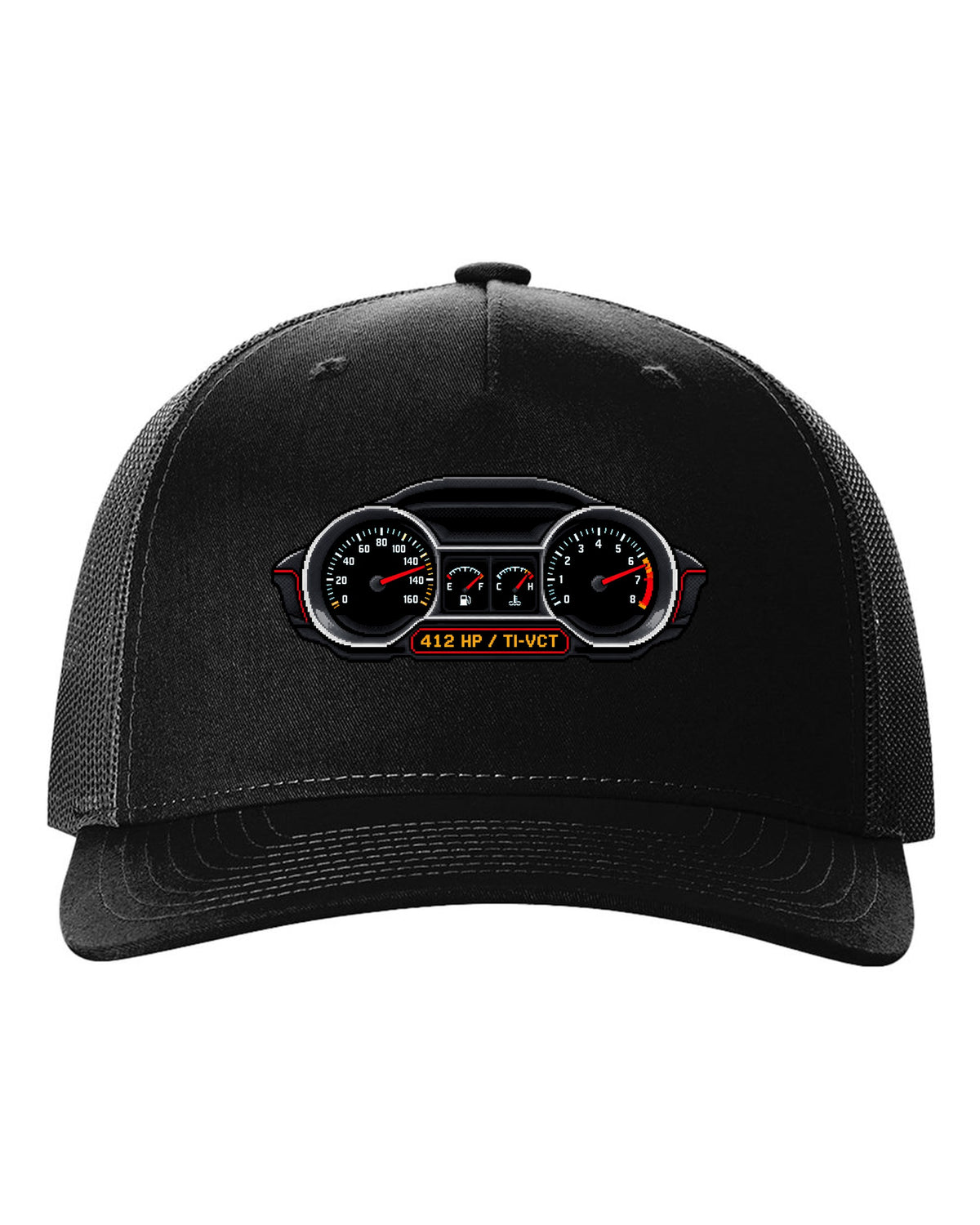 Pixel art 2005-2014 S197 Ford Mustang fastback with Coyote 412 HP gauges black hat front view with the design