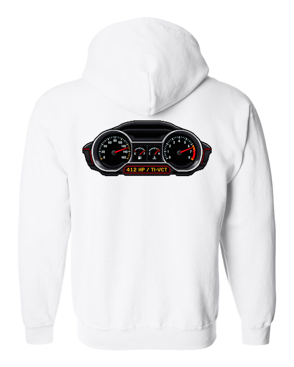 Pixel art 2005-2014 S197 Ford Mustang fastback with Coyote 412 HP gauges white zip hoodie back view with the design