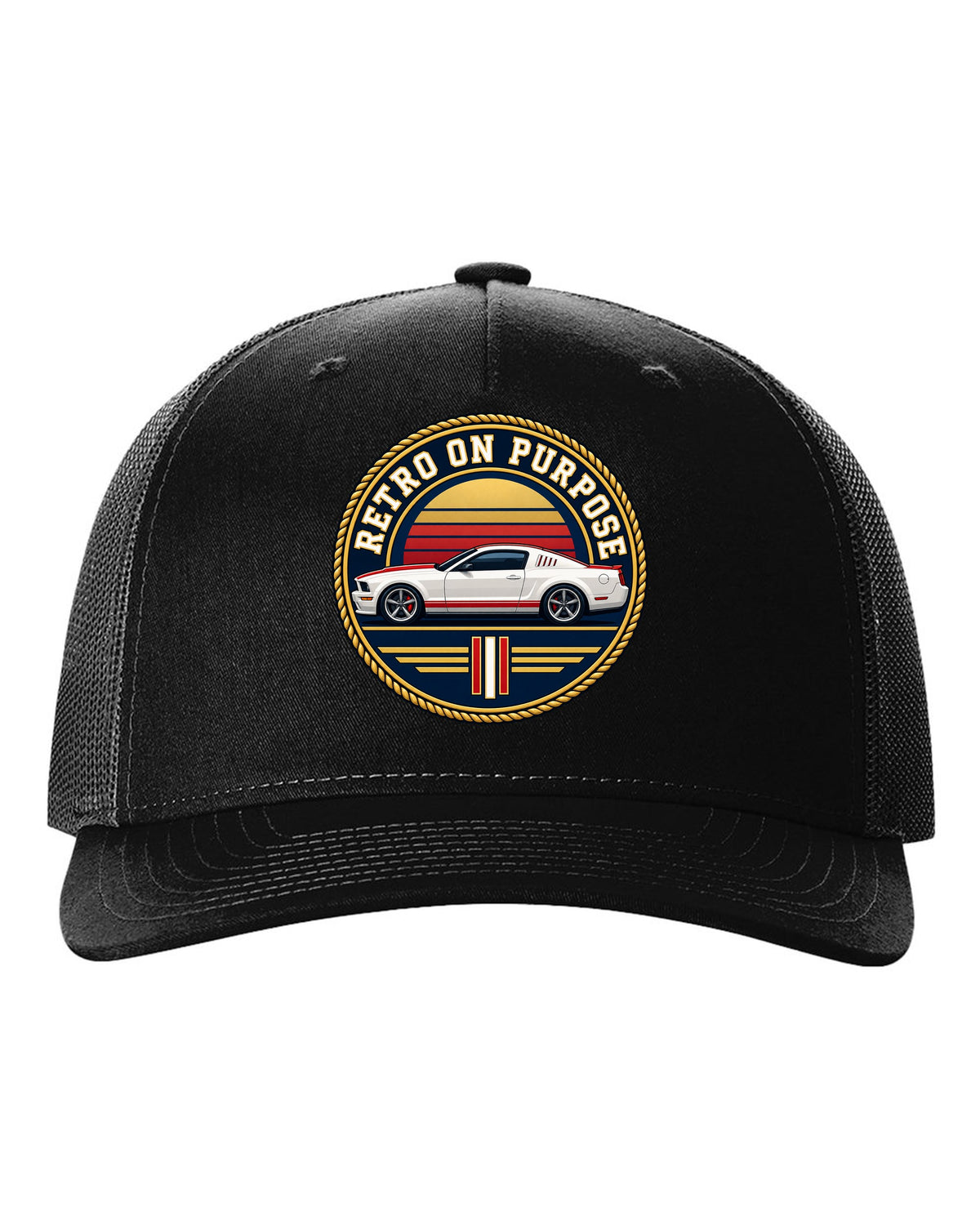 Varsity crest of a 2005-2014 S197 Ford Mustang fastback with Retro on purpose text black hat front view with the design