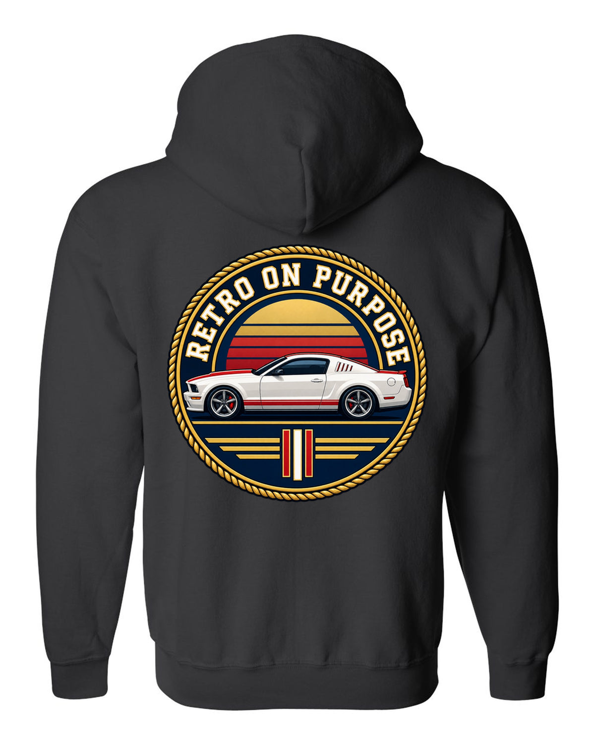 Varsity crest of a 2005-2014 S197 Ford Mustang fastback with Retro on purpose text black zip hoodie back view with the design