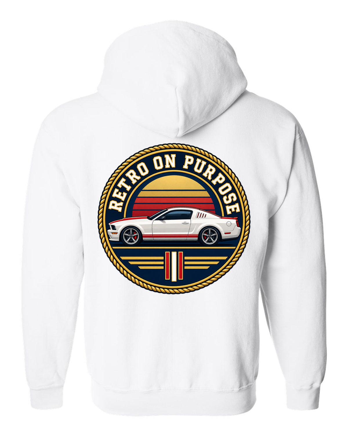 Varsity crest of a 2005-2014 S197 Ford Mustang fastback with Retro on purpose text white zip hoodie back view with the design