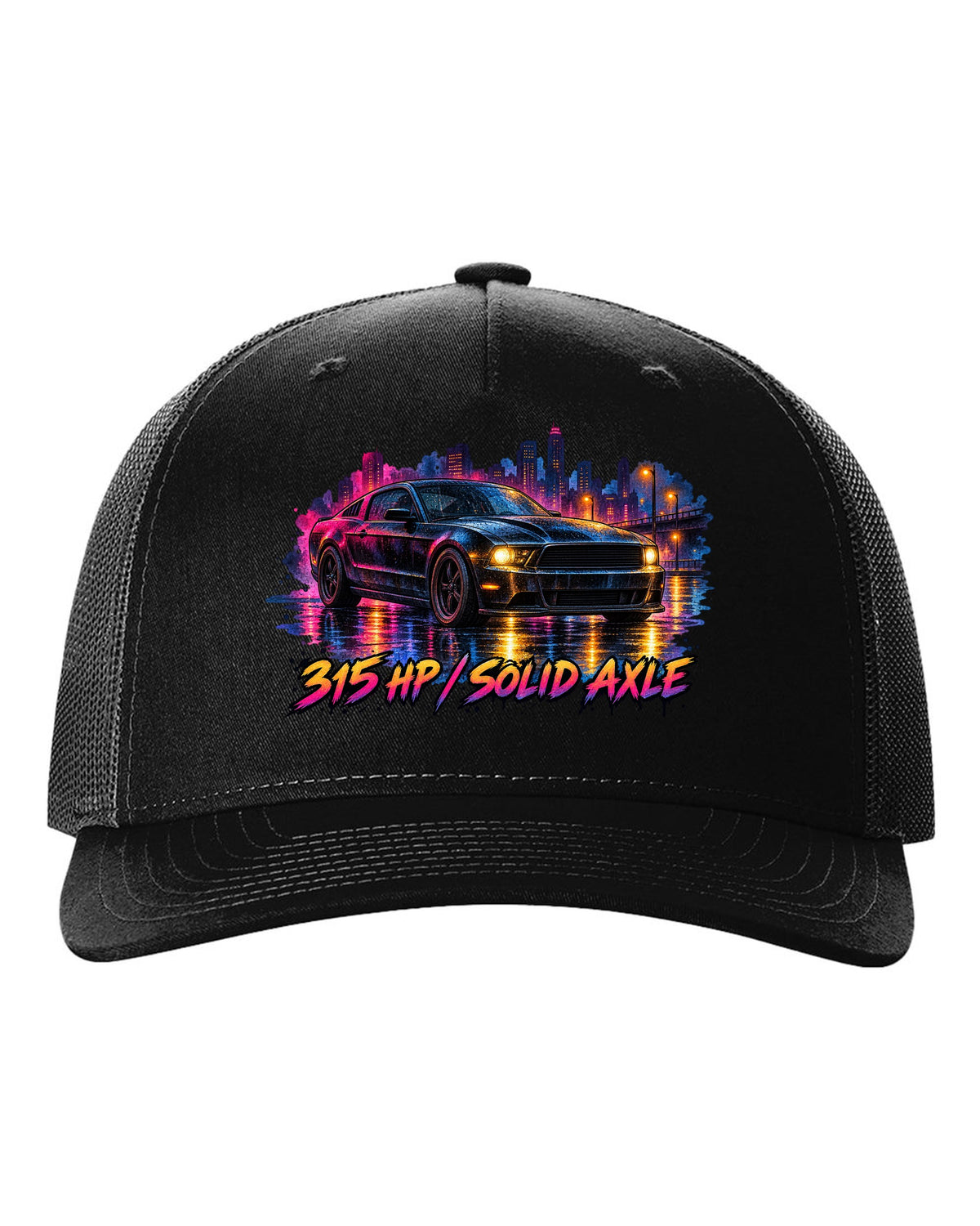 Watercolour wet road night scene with a 2005-2014 S197 Ford Mustang fastback black hat front view with the design