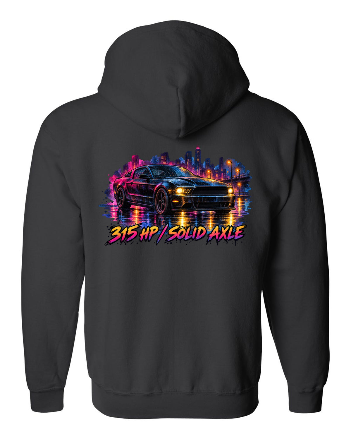 Watercolour wet road night scene with a 2005-2014 S197 Ford Mustang fastback black zip hoodie back view with the design