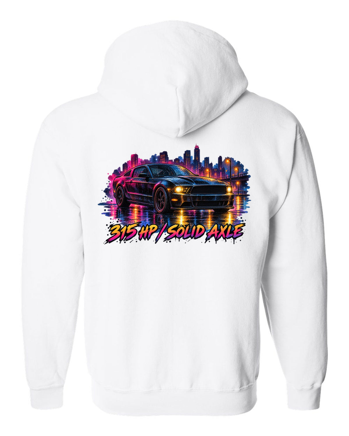 Watercolour wet road night scene with a 2005-2014 S197 Ford Mustang fastback white zip hoodie back view with the design