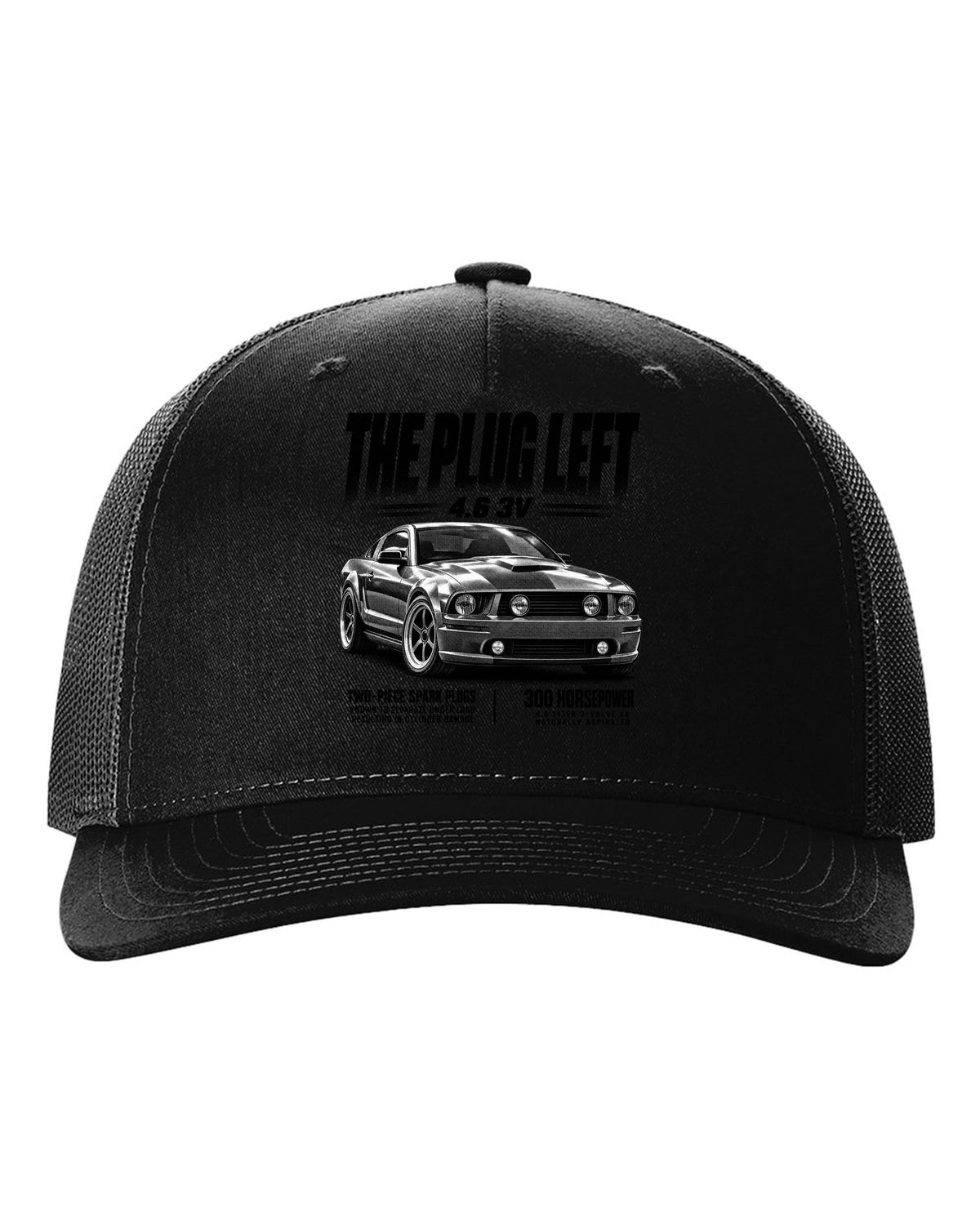 Halftone print of a 2005-09 Ford Mustang S197 GT with 4.6 3V text black hat front view with the design