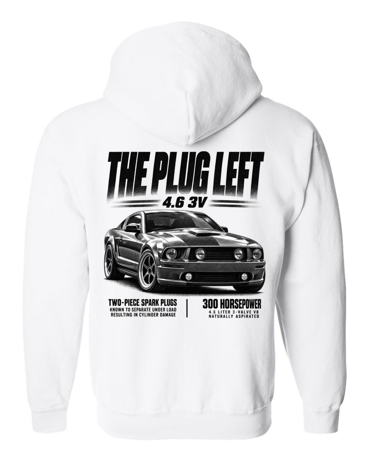 Halftone print of a 2005-09 Ford Mustang S197 GT with 4.6 3V text white zip hoodie back view with the design